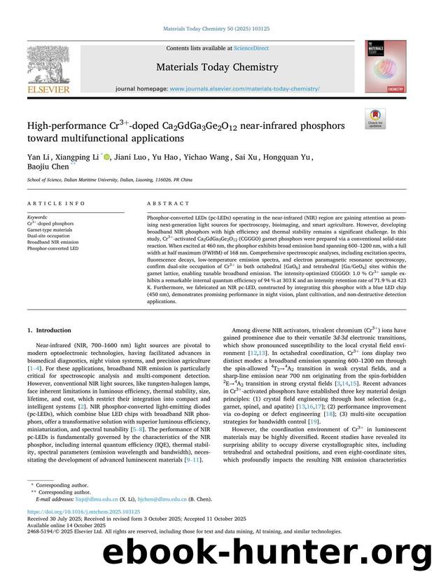 High-performance Cr3+-doped Ca2GdGa3Ge2O12 near-infrared phosphors toward multifunctional applications by Yan Li & Xiangping Li & Jiani Luo & Yu Hao & Yichao Wang & Sai Xu & Hongquan Yu & Baojiu Chen