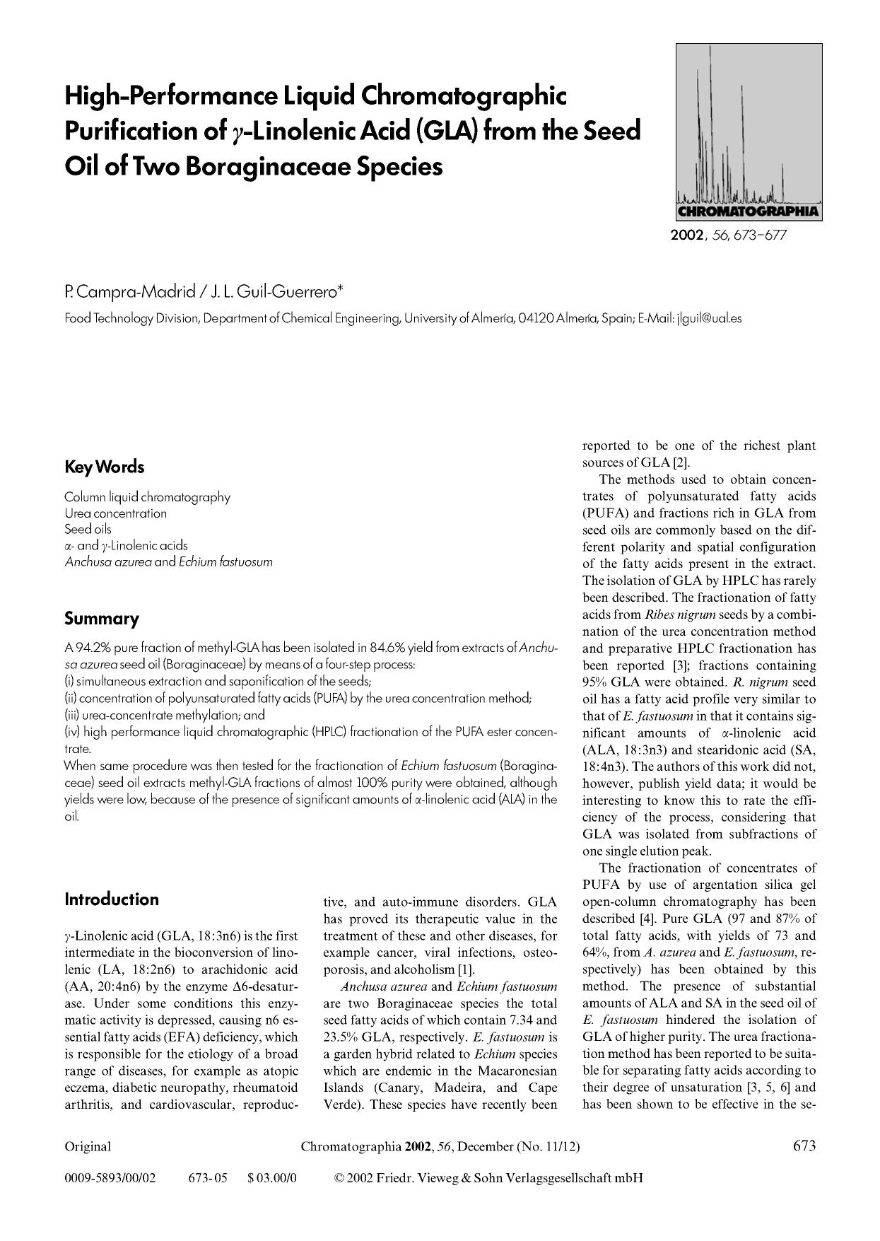 High-performance liquid chromatographic purification of γ-linolenic acid (GLA) from the seed oil of two Boraginaceae species by Unknown