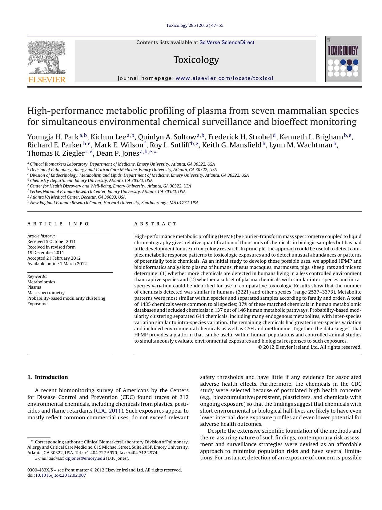 High-performance metabolic profiling of plasma from seven mammalian species for simultaneous environmental chemical surveillance and bioeffect monitoring by Youngja H. Park