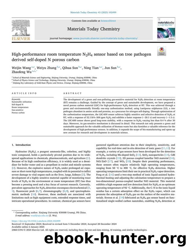 High-performance room temperature N2H4 sensor based on tree pathogen derived self-doped N porous carbon by Weijin Wang & Weiyu Zhang & Qihua Sun & Ning Tian & Jun Sun & Zhaofeng Wu