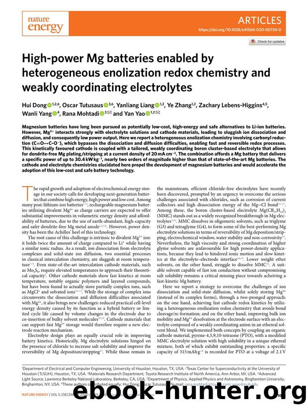 High-power Mg batteries enabled by heterogeneous enolization redox chemistry and weakly coordinating electrolytes by unknow