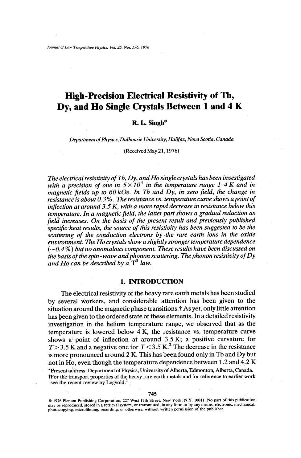 High-precision electrical resistivity of Tb, Dy, and Ho single crystals between 1 and 4 K by Unknown