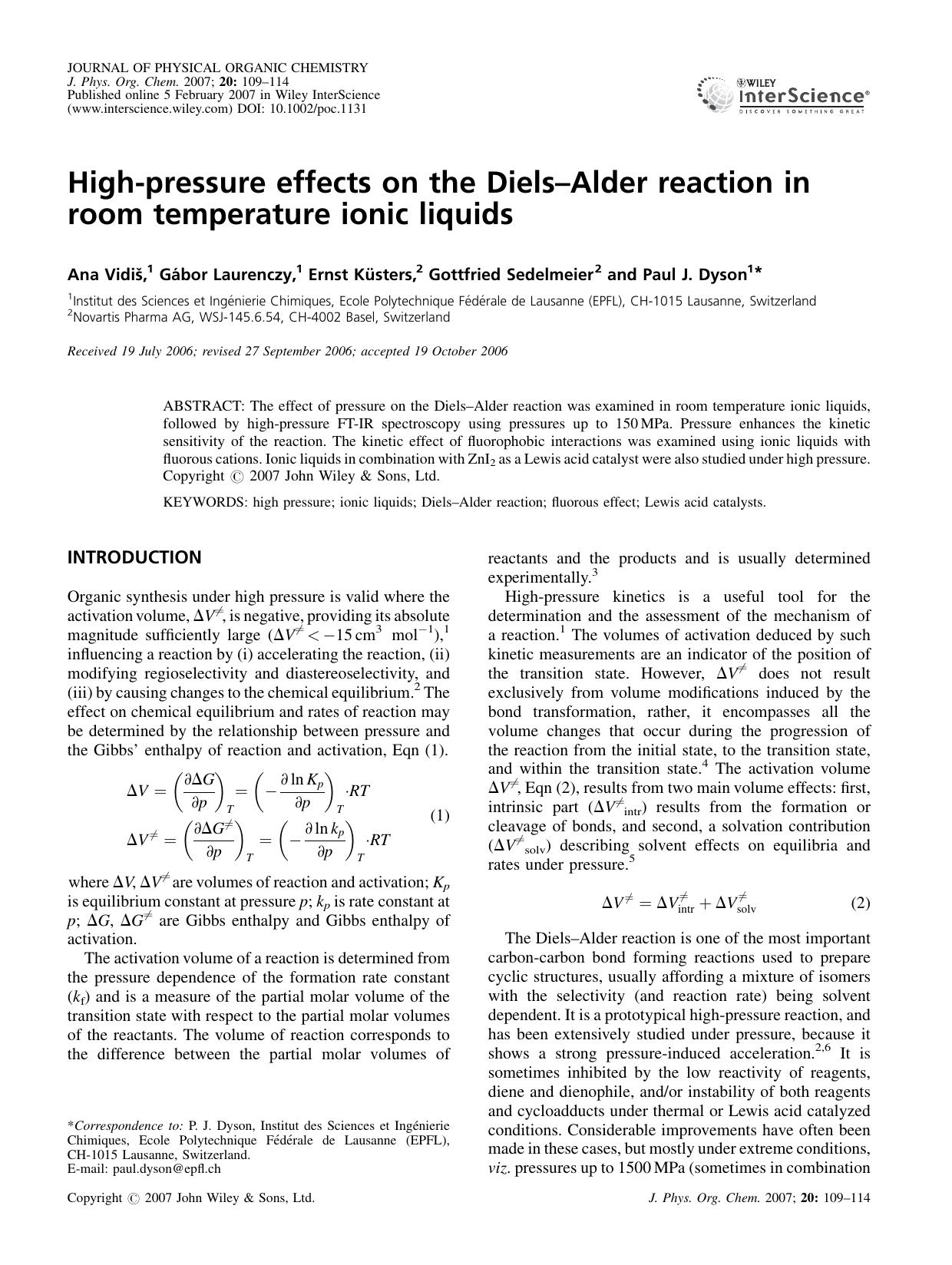 High-pressure effects on the Diels-Alder reaction in room temperature ionic liquids by Unknown