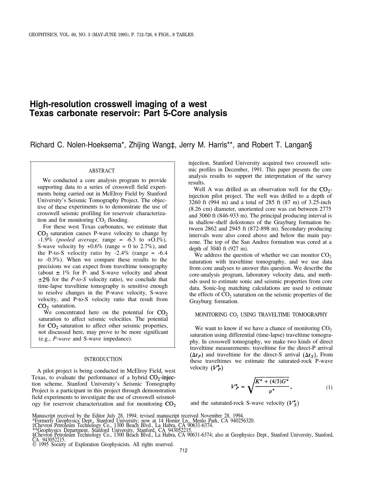 High-resolution crosswell imaging of a West Texas carbonate reservoir: Part 5: Core analysis by R.C. Nolen-Hoeksema J. M. Harris R. T. Langan Z. Wang
