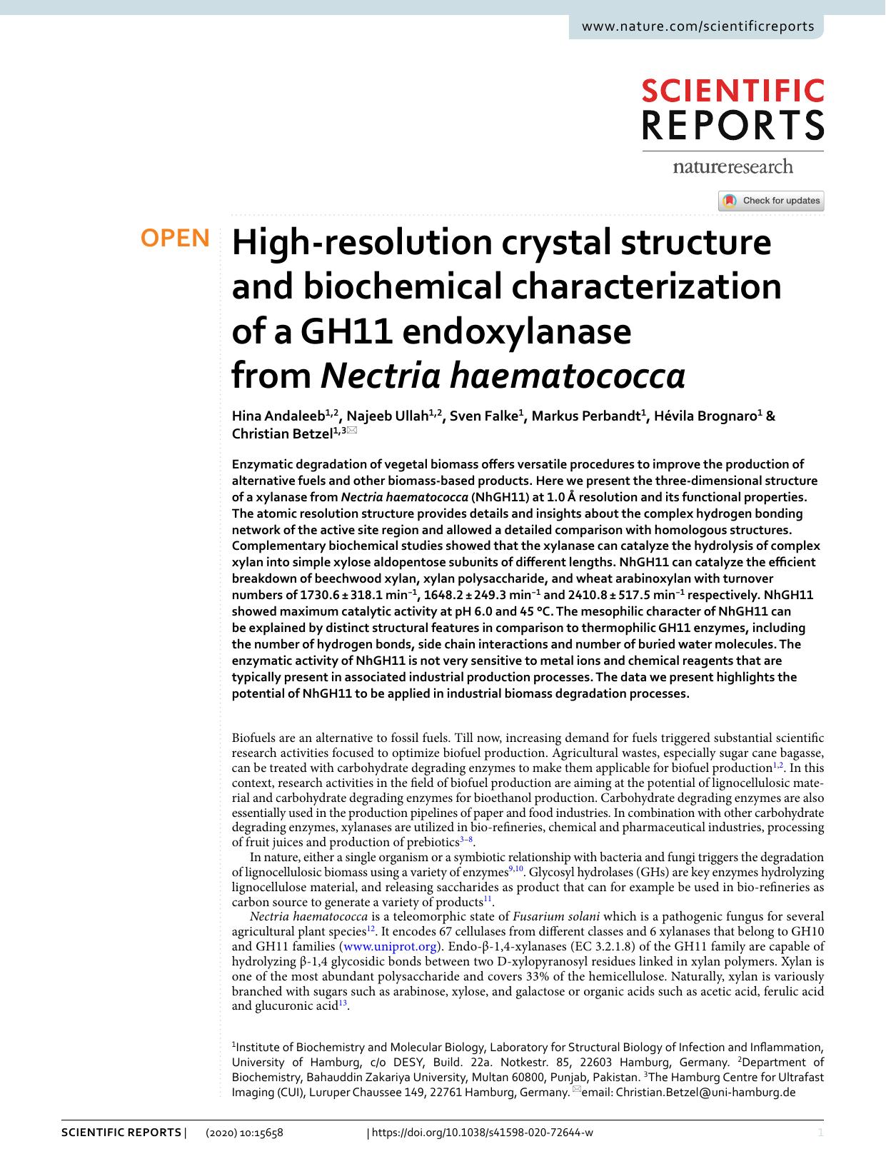 High-resolution crystal structure and biochemical characterization of a GH11 endoxylanase from Nectria haematococca by unknow
