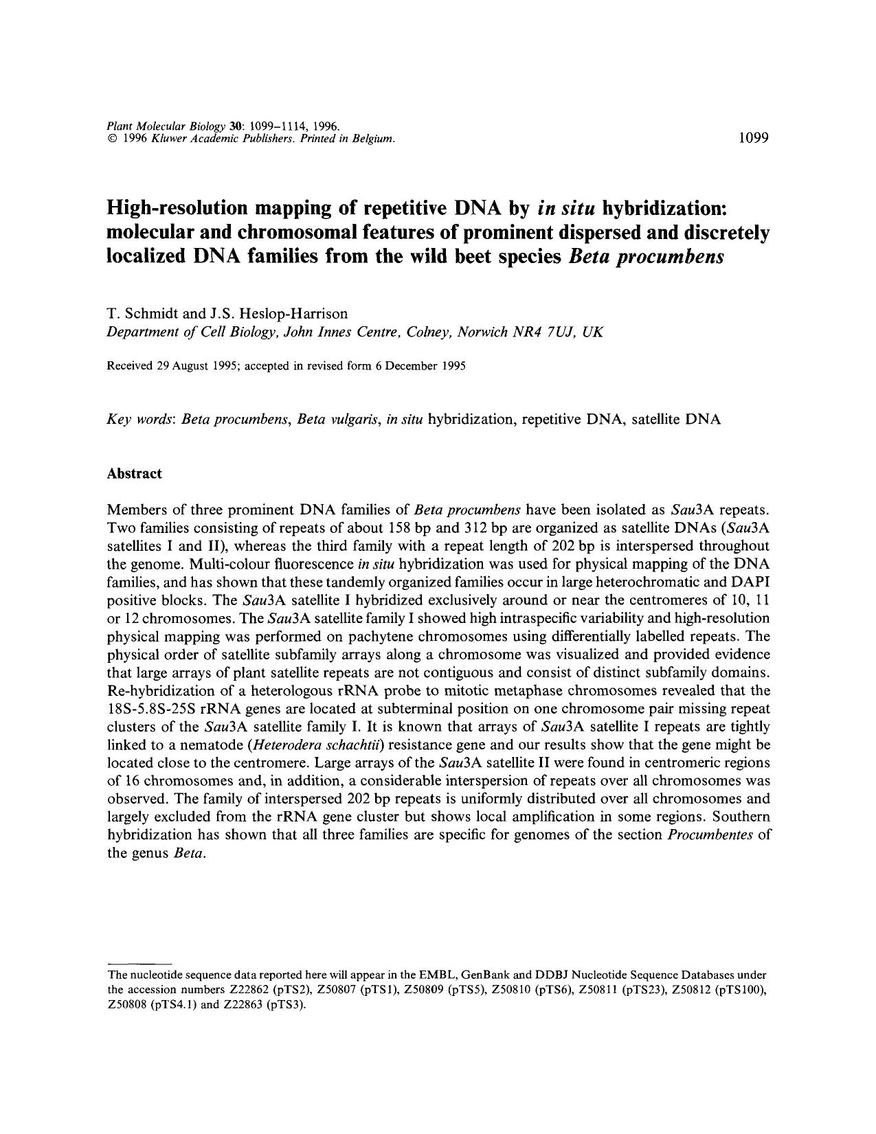 High-resolution mapping of repetitive DNA by <Emphasis Type="Italic">in situ <Emphasis> hybridization: molecular and chromosomal features of prominent dispersed and discretely loc by Unknown