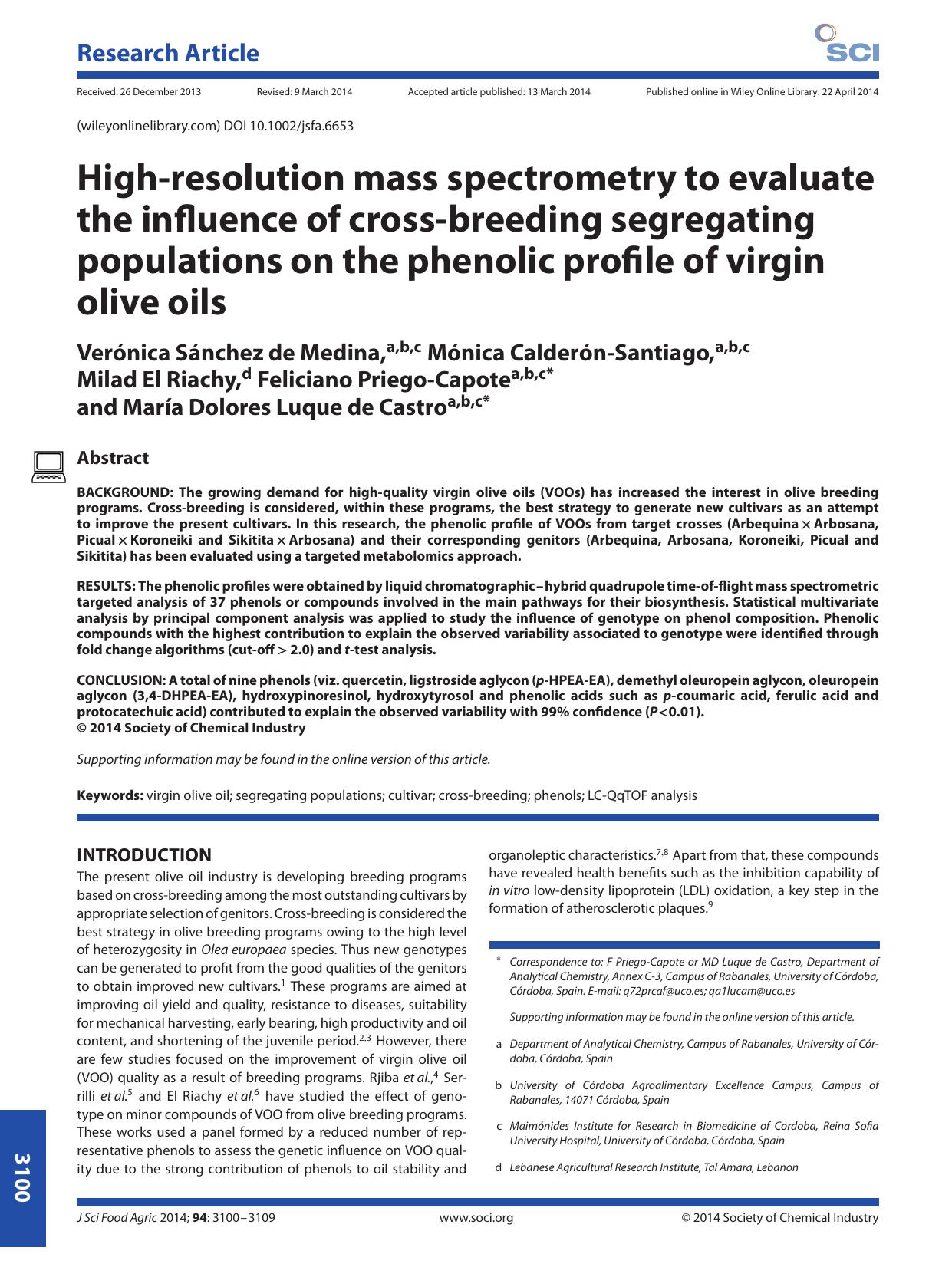 High-resolution mass spectrometry to evaluate the influence of cross-breeding segregating populations on the phenolic profile of virgin olive oils by Unknown