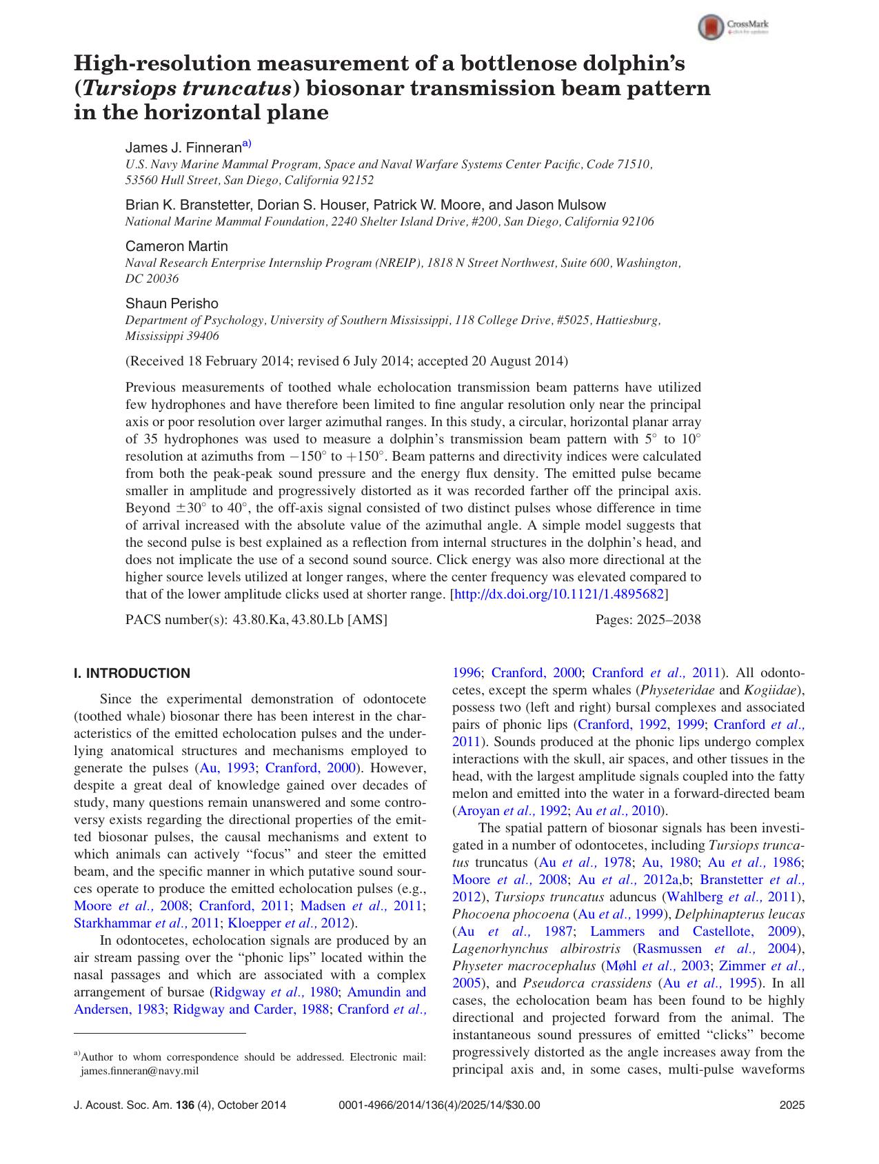 High-resolution measurement of a bottlenose dolphin's (Tursiops truncatus) biosonar transmission beam pattern in the horizontal plane by unknow