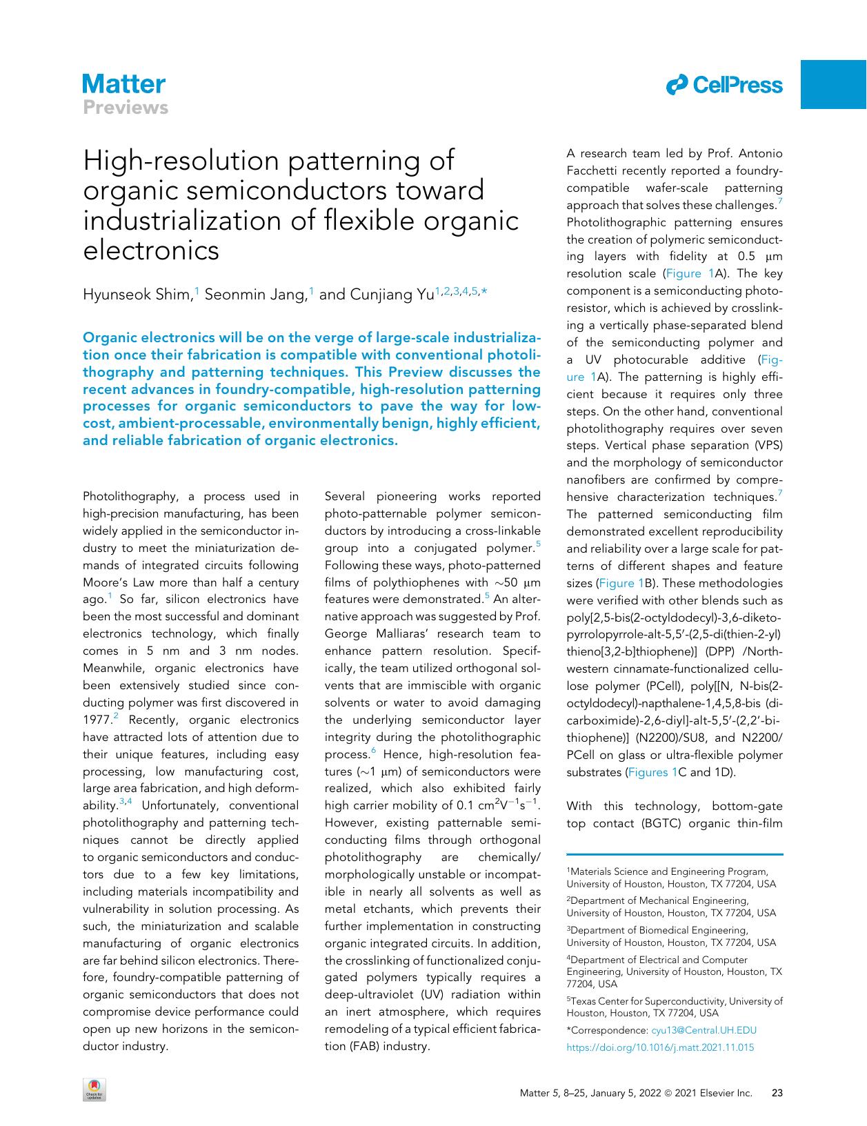 High-resolution patterning of organic semiconductors toward industrialization of flexible organic electronics by Hyunseok Shim & Seonmin Jang & Cunjiang Yu