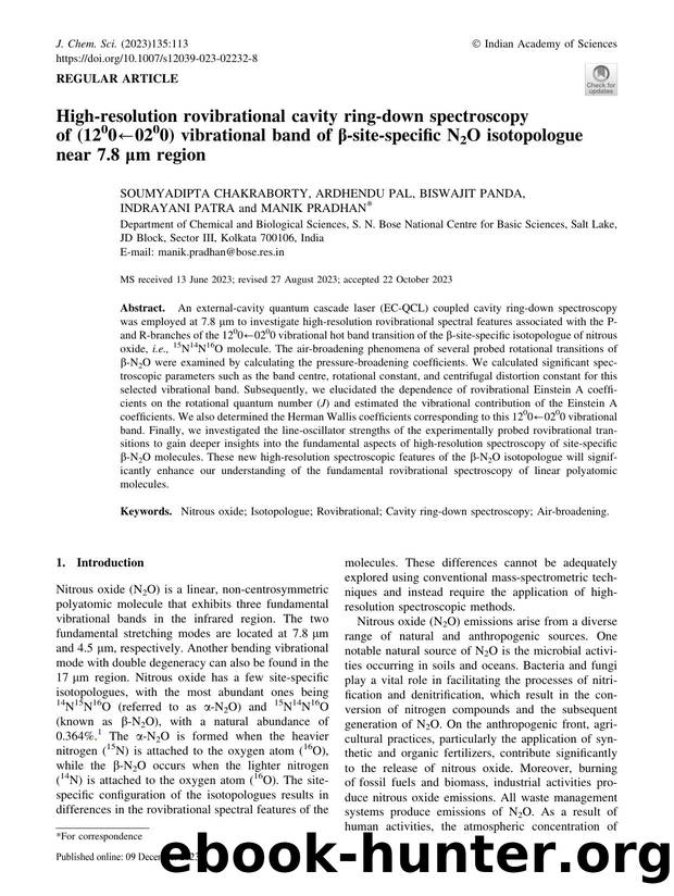 High-resolution rovibrational cavity ring-down spectroscopy of (1200â0200) vibrational band of Î²-site-specific N2O isotopologue near 7.8Â Âµm region by Soumyadipta Chakraborty & Ardhendu Pal & Biswajit Panda & Indrayani Patra & Manik Pradhan