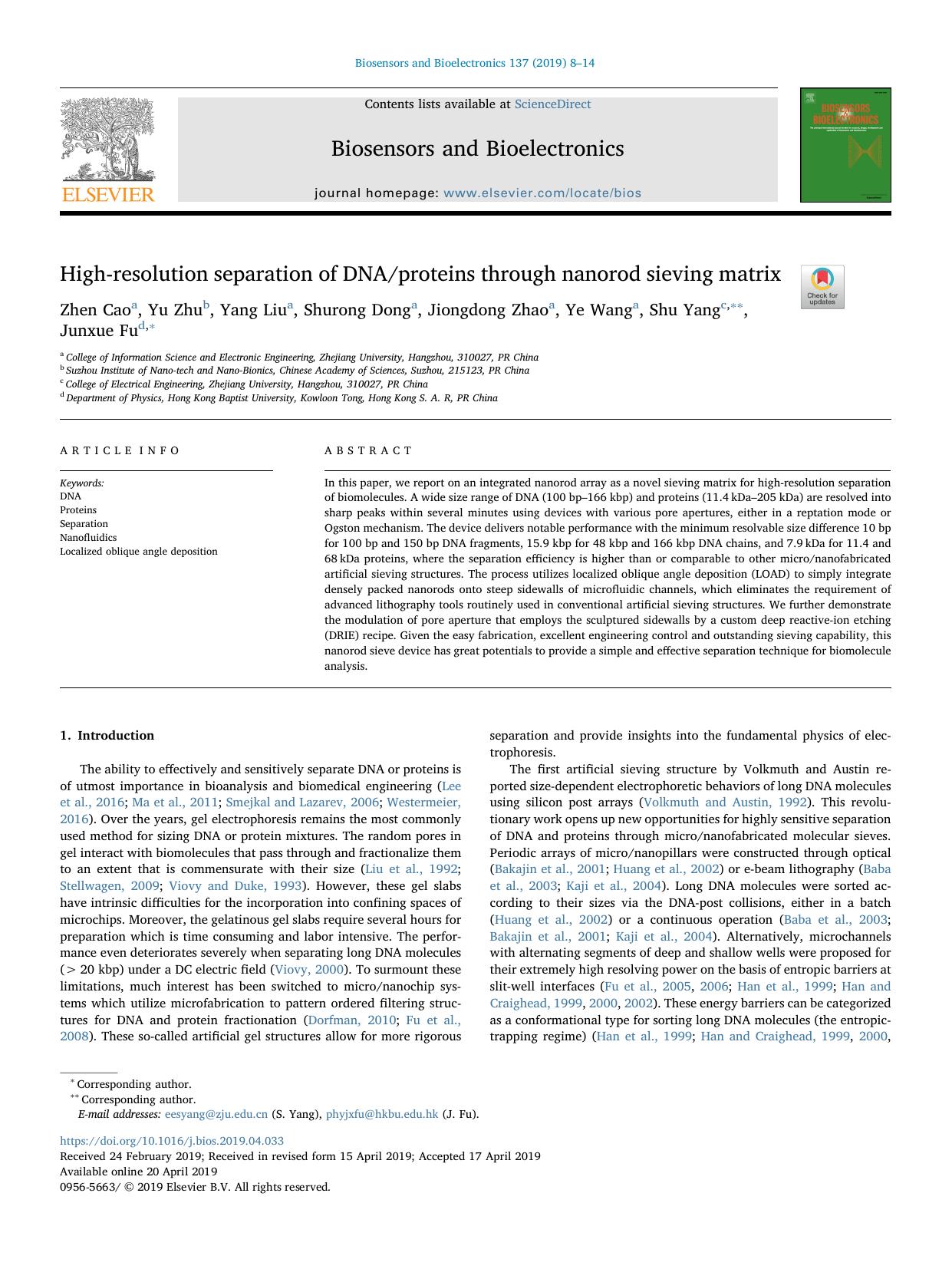 High-resolution separation of DNAproteins through nanorod sieving matrix by Zhen Cao & Yu Zhu & Yang Liu & Shurong Dong & Jiongdong Zhao & Ye Wang & Shu Yang & Junxue Fu