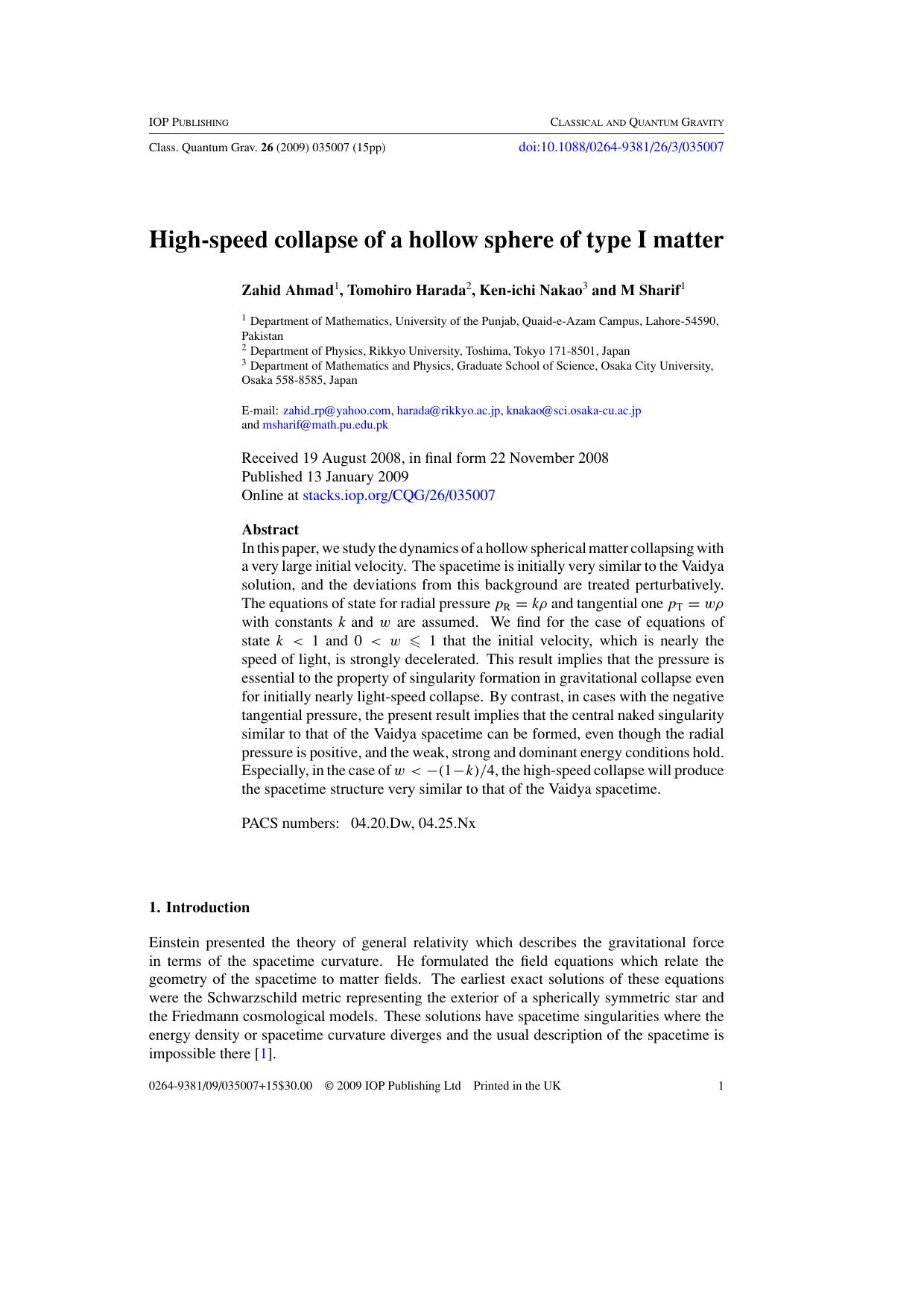 High-speed collapse of a hollow sphere of type I matter by Z Ahmad et al