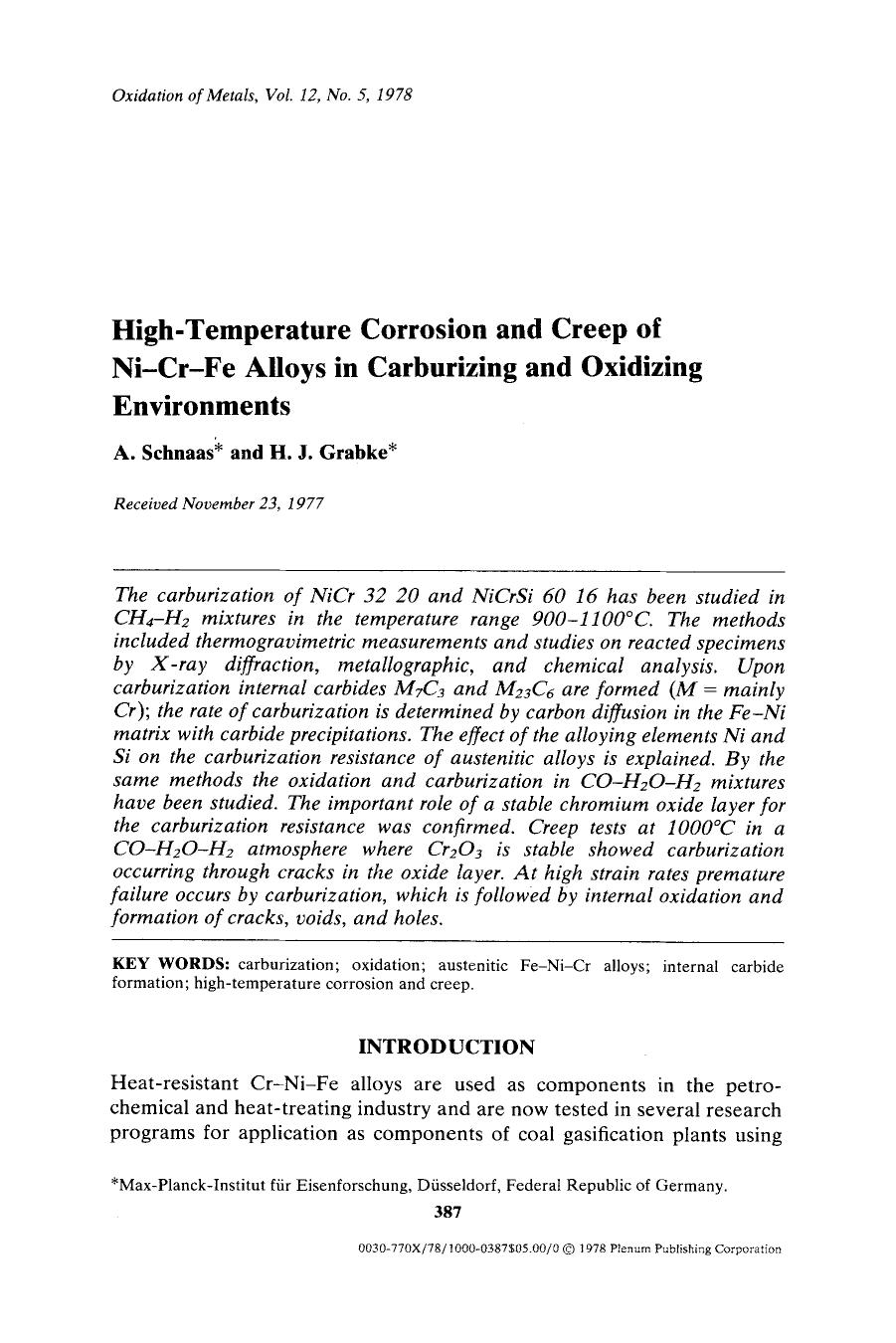 High-temperature corrosion and creep of Ni-Cr-Fe alloys in carburizing and oxidizing environments by Unknown
