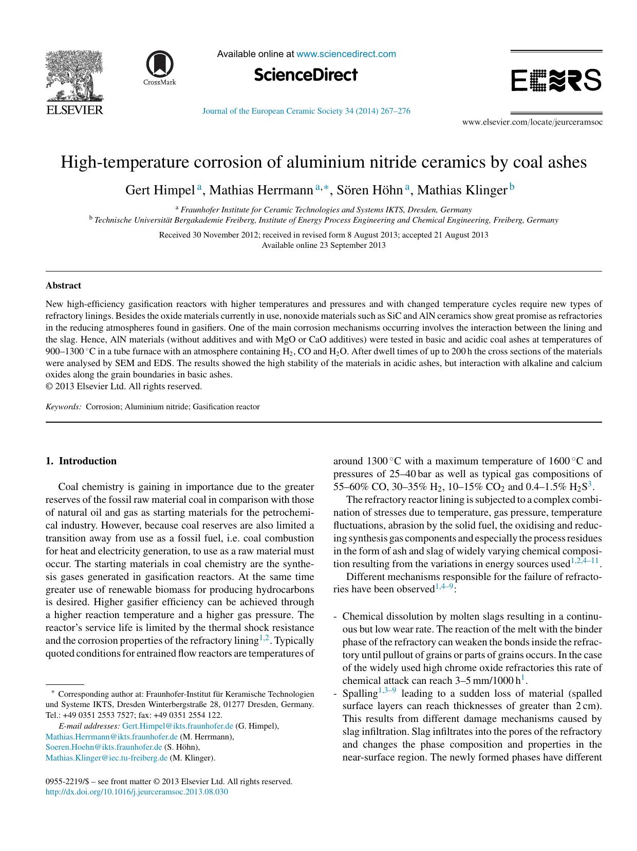 High-temperature corrosion of aluminium nitride ceramics by coal ashes by Gert Himpel & Mathias Herrmann & Sören Höhn & Mathias Klinger