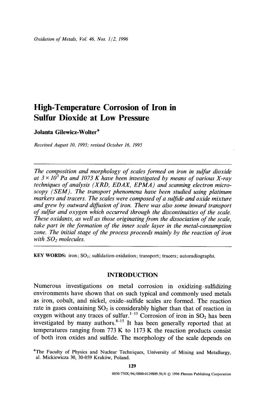 High-temperature corrosion of iron in sulfur dioxide at low pressure by Unknown