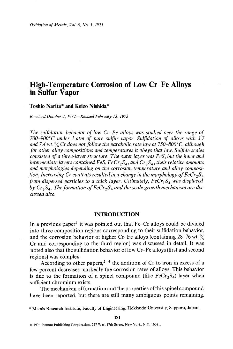 High-temperature corrosion of low Cr-Fe alloys in sulfur vapor by Unknown