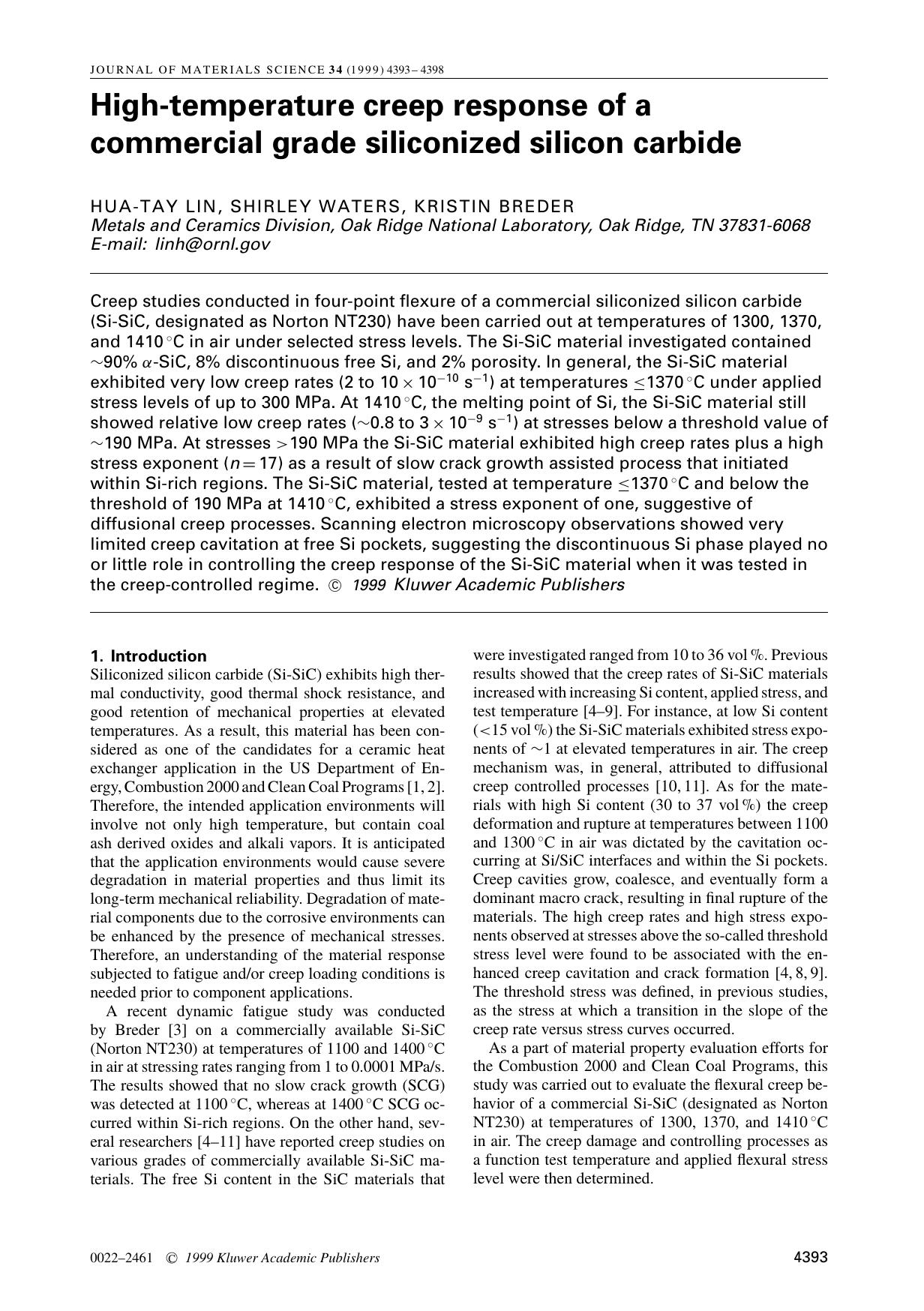 High-temperature creep response of a commercial grade siliconized silicon carbide by Unknown