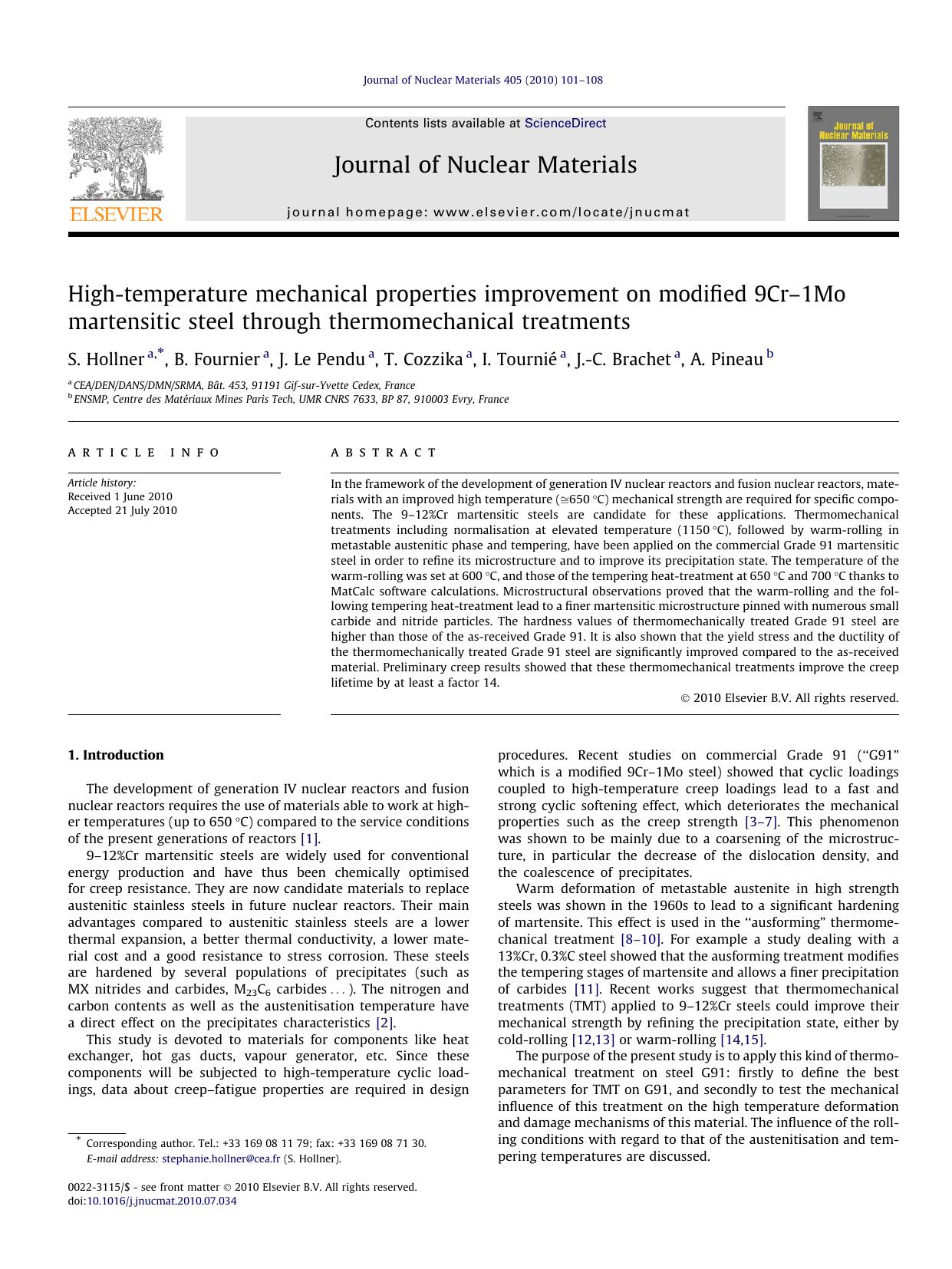 High-temperature mechanical properties improvement on modified 9CrÃ¢â¬â1Mo martensitic steel through thermomechanical treatments by S. Hollner & B. Fournier & J. Le Pendu & T. Cozzika & I. Tournié & J.-C. Brachet & A. Pineau