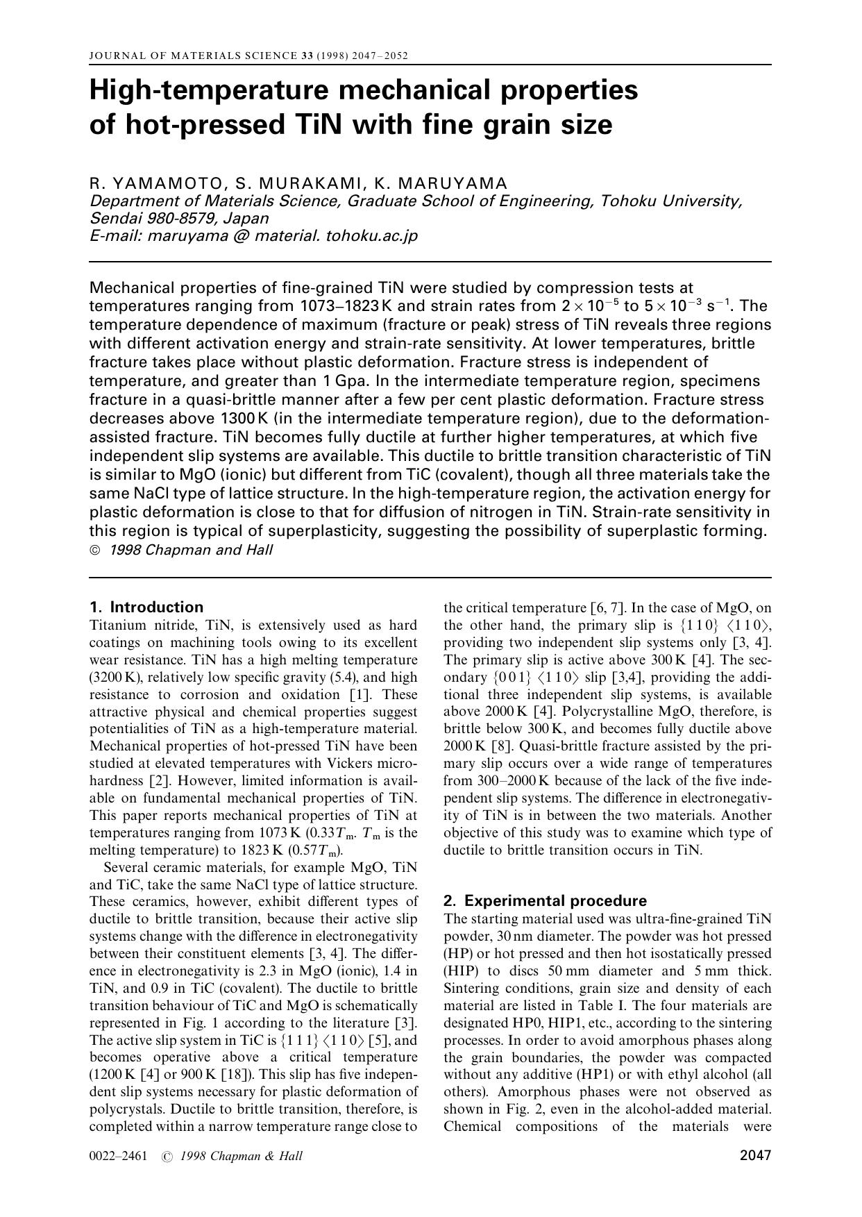 High-temperature mechanical properties of hot-pressed TiN with fine grain size by R. YAMAMOTO S. MURAKAMI K. MARUYAMA