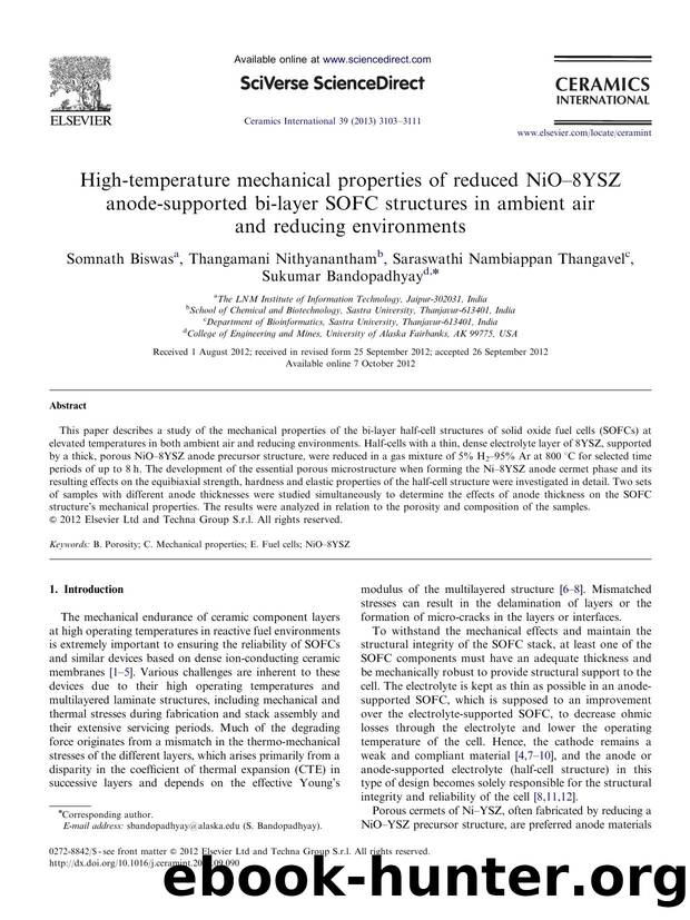 High-temperature mechanical properties of reduced NiOâ8YSZ anode-supported bi-layer SOFC structures in ambient air and reducing environments by Somnath Biswas & Thangamani Nithyanantham & Saraswathi Nambiappan Thangavel & Sukumar Bandopadhyay