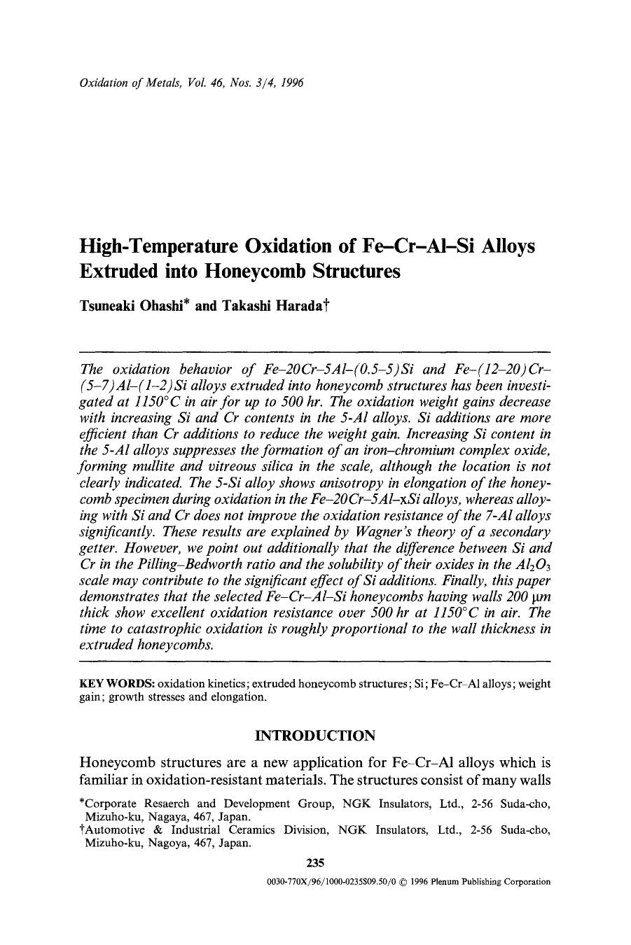 High-temperature oxidation of Fe-Cr-Al-Si alloys extruded into honeycomb structures by Unknown