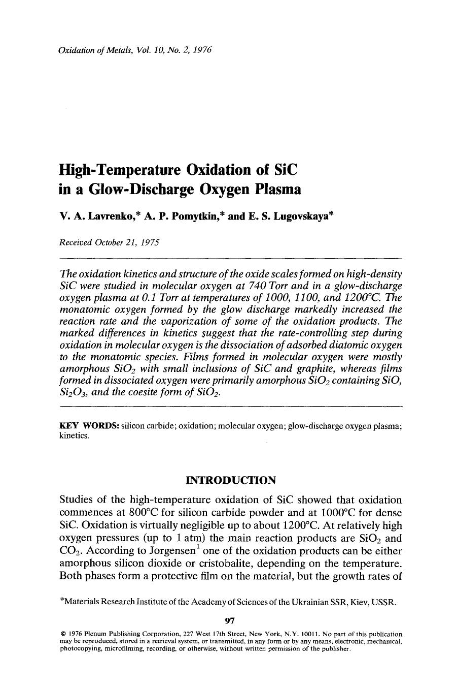 High-temperature oxidation of SiC in a glow-discharge oxygen plasma by Unknown