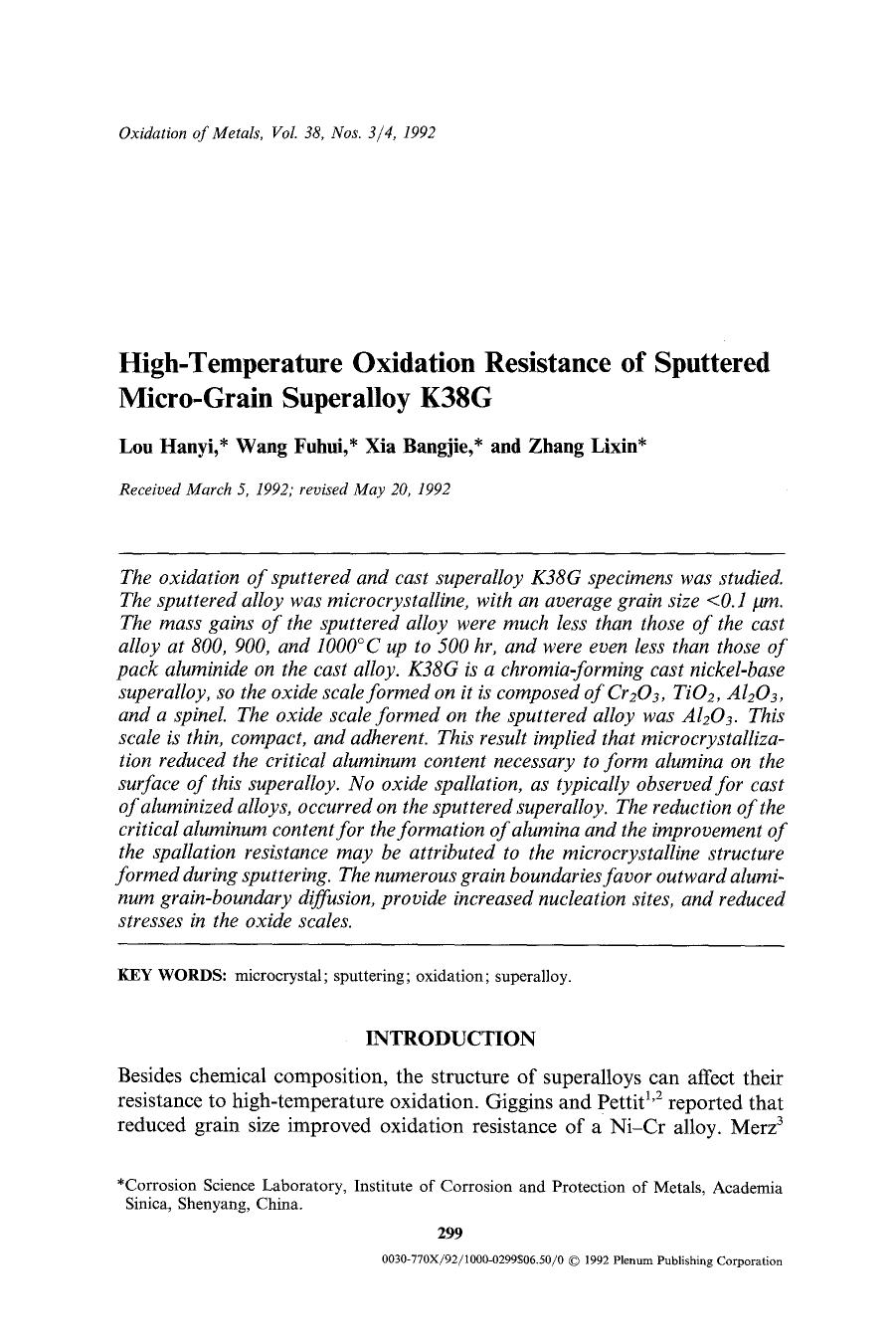 High-temperature oxidation resistance of sputtered micro-grain superalloy K38G by Unknown