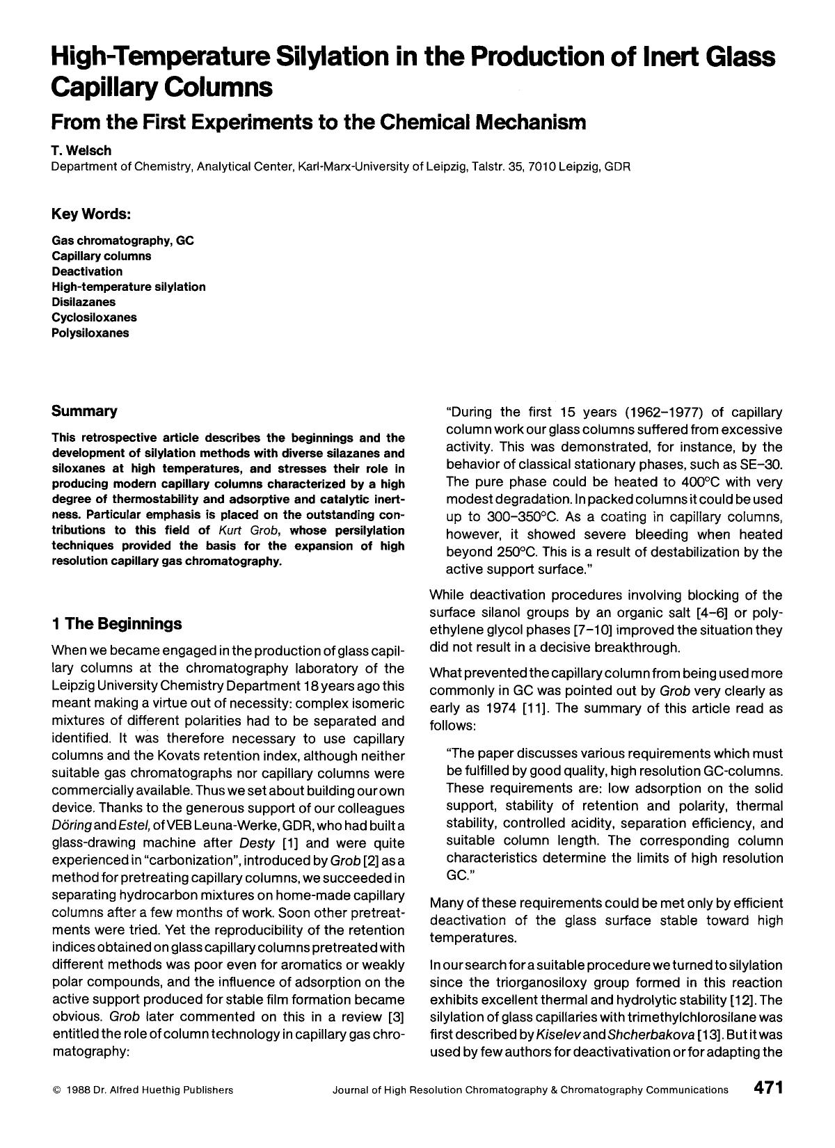 High-temperature silylation in the production of inert glass capillary columns. From the first experiments to the chemical mechanism by Unknown
