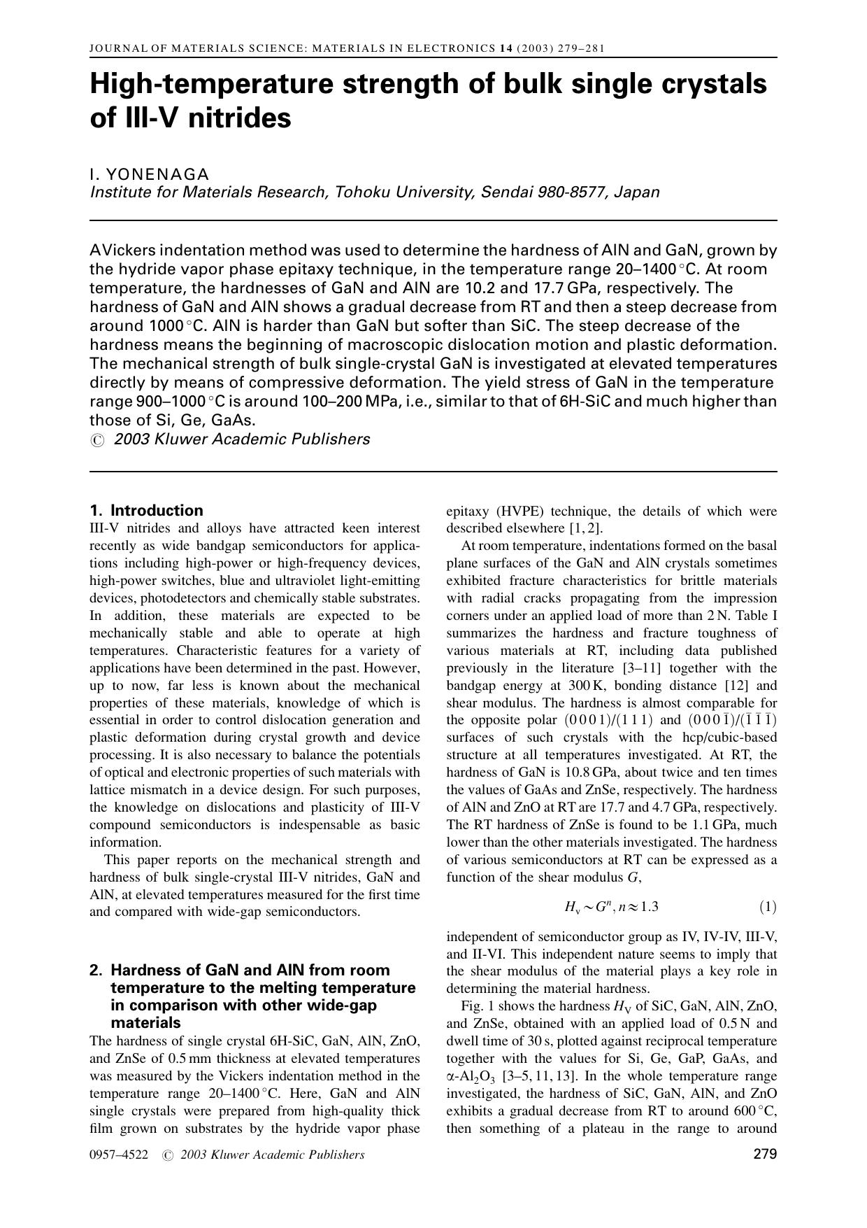 High-temperature strength of bulk single crystals of III-V nitrides by Unknown