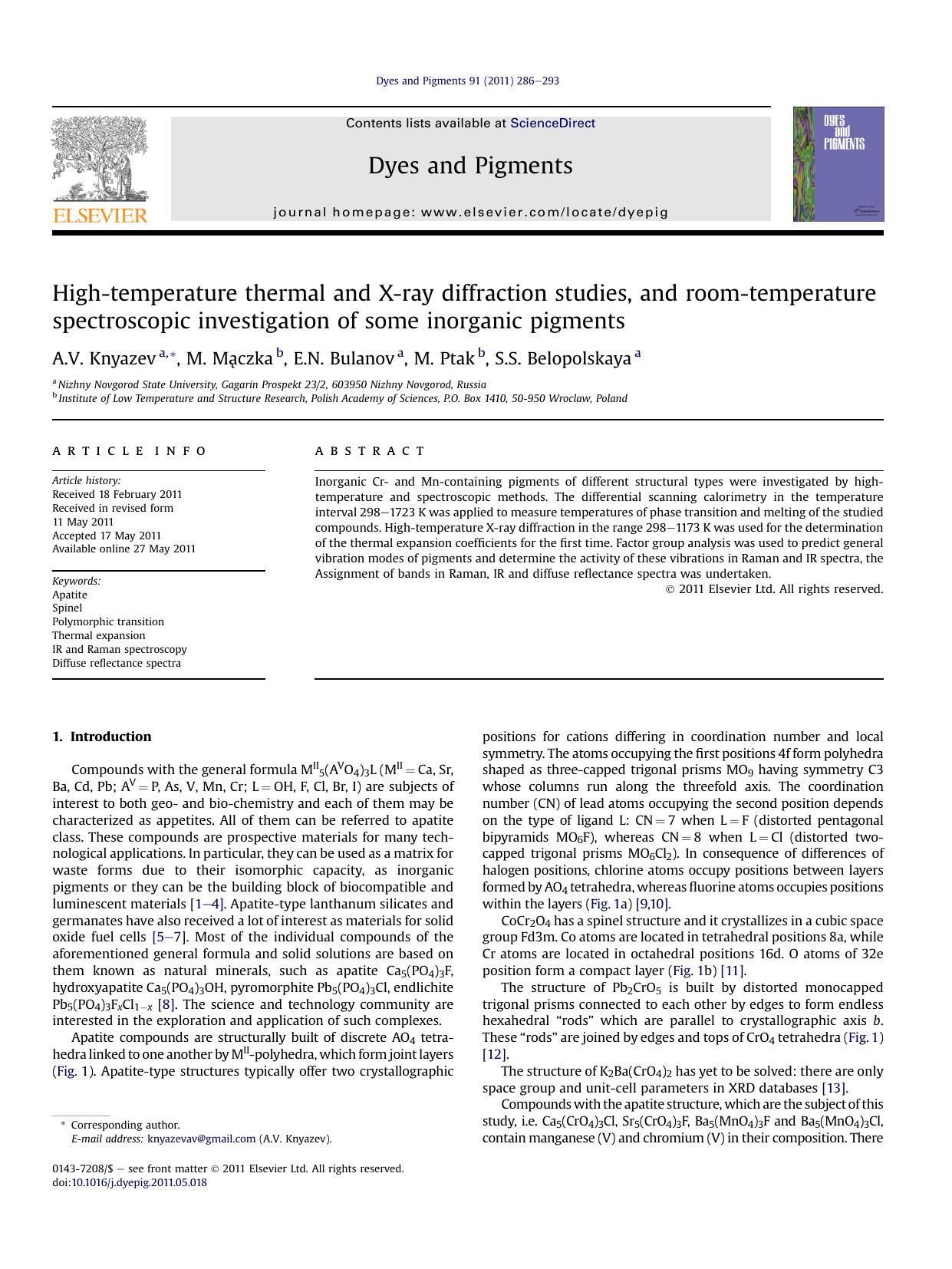 High-temperature thermal and X-ray diffraction studies, and room-temperature spectroscopic investigation of some inorganic pigments by A.V. Knyazev & M. Mączka & E.N. Bulanov & M. Ptak & S.S. Belopolskaya