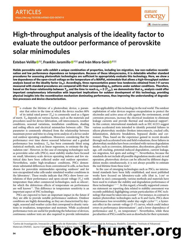 High-throughput analysis of the ideality factor to evaluate the outdoor performance of perovskite solar minimodules by Esteban Velilla & Franklin Jaramillo & Iván Mora-Seró