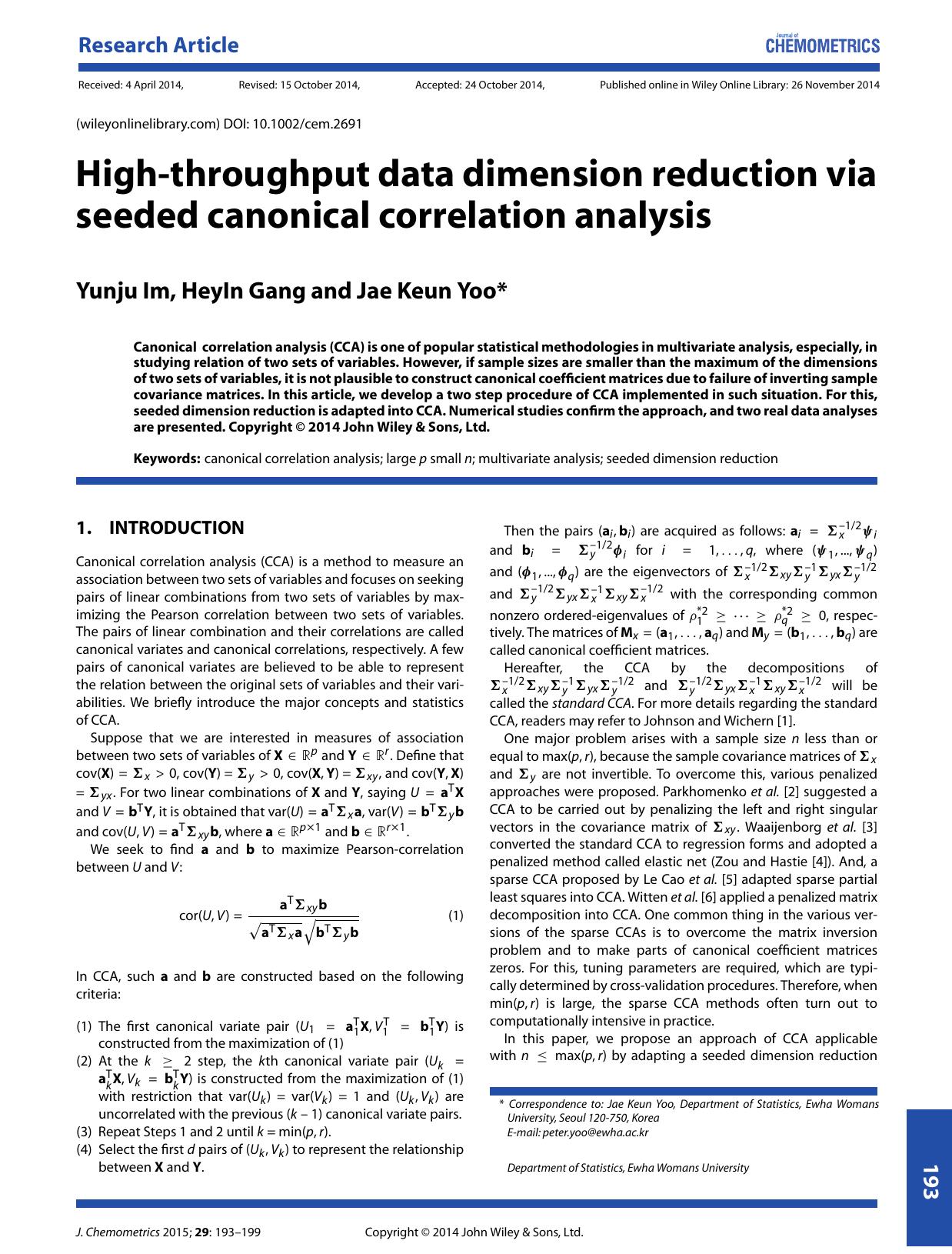 High-throughput data dimension reduction via seeded canonical correlation analysis by Yunju Im & HeyIn Gang & Jae Keun Yoo