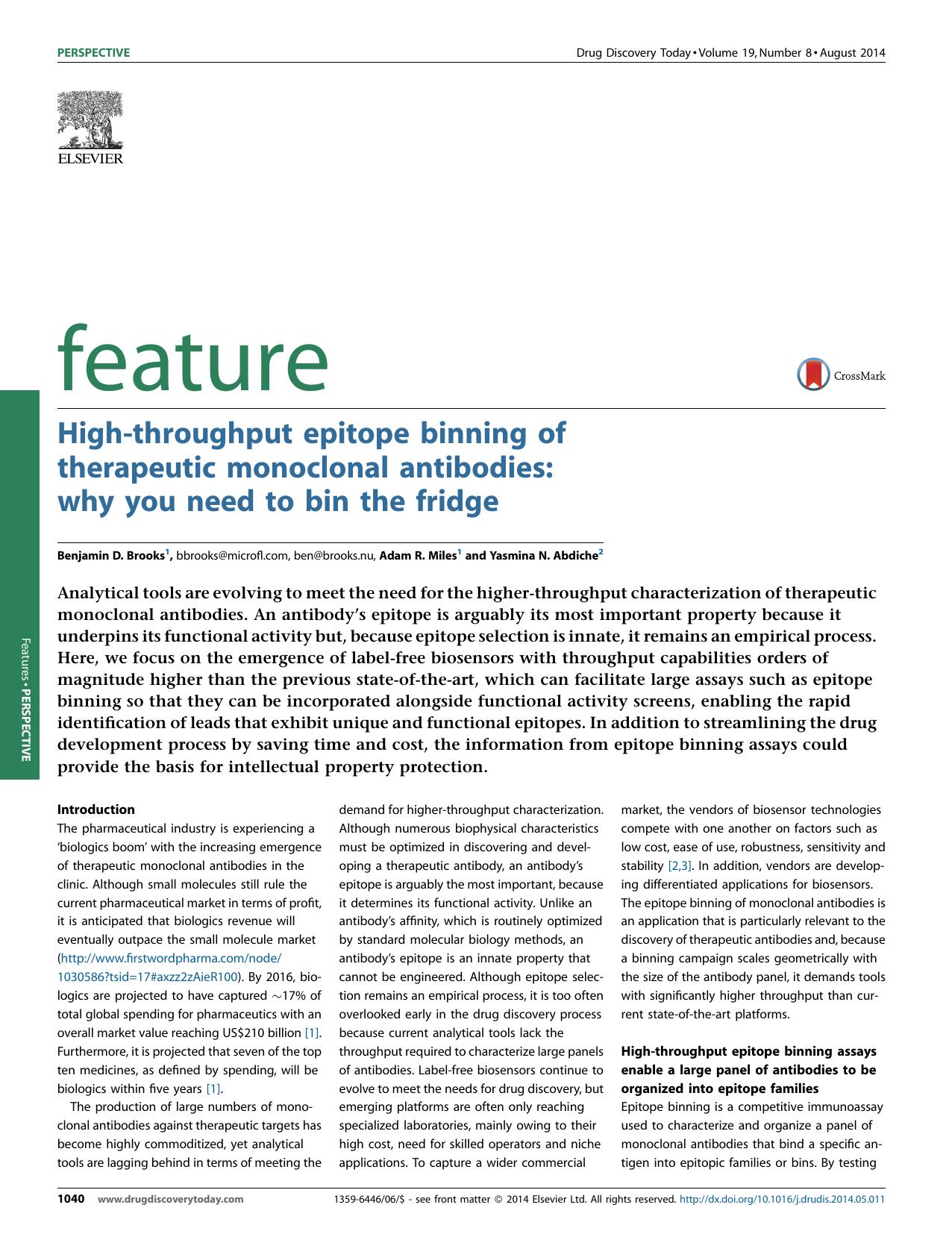 High-throughput epitope binning of therapeutic monoclonal antibodies: why you need to bin the fridge by Benjamin D. Brooks & Adam R. Miles & Yasmina N. Abdiche