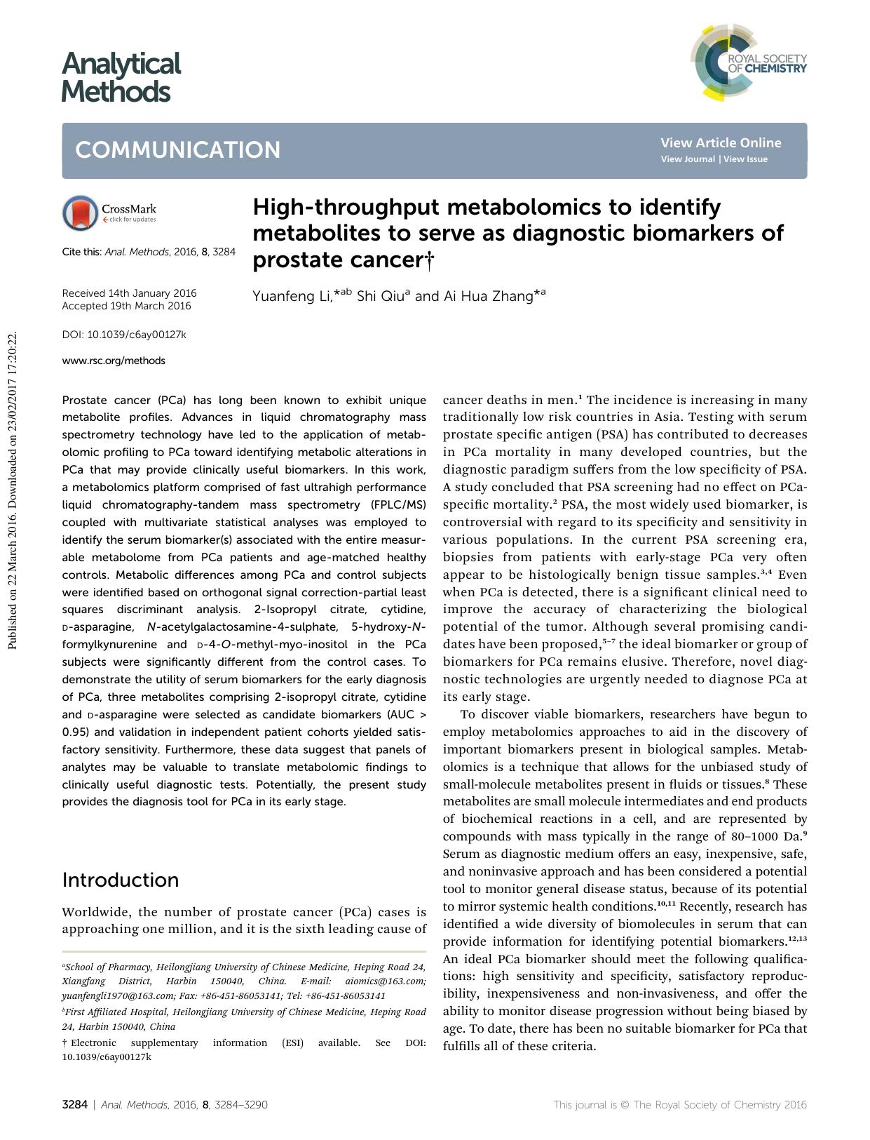 High-throughput metabolomics to identify metabolites to serve as diagnostic biomarkers of prostate cancer by Yuanfeng Li & Shi Qiu & Ai Hua Zhang