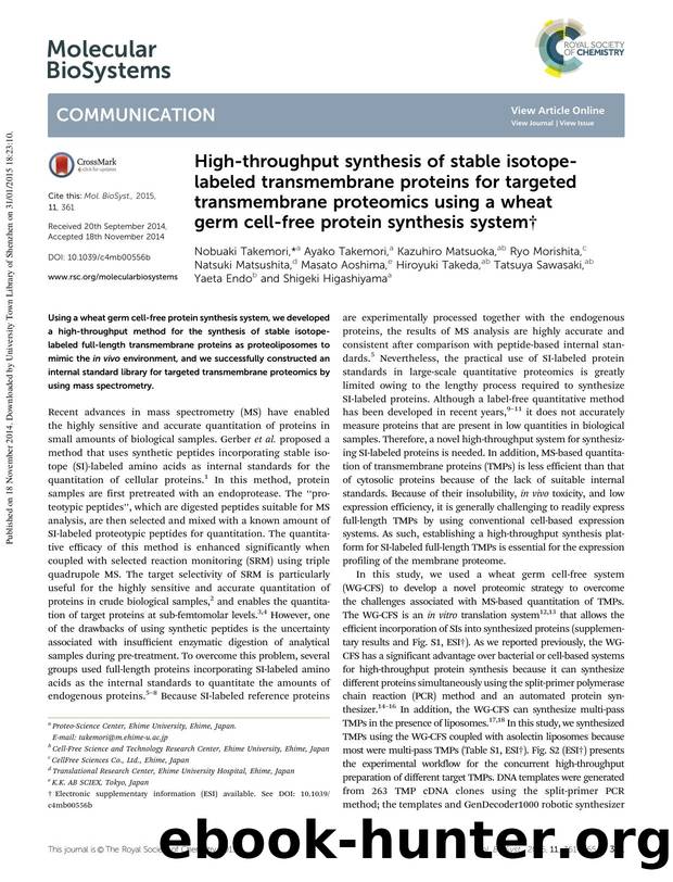 High-throughput synthesis of stable isotope-labeled transmembrane proteins for targeted transmembrane proteomics using a wheat germ cell-free protein synthesis system by unknow