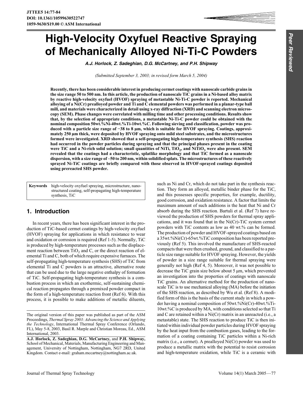 High-velocity oxyfuel reactive spraying of mechanically alloyed Ni-Ti-C powders by Unknown