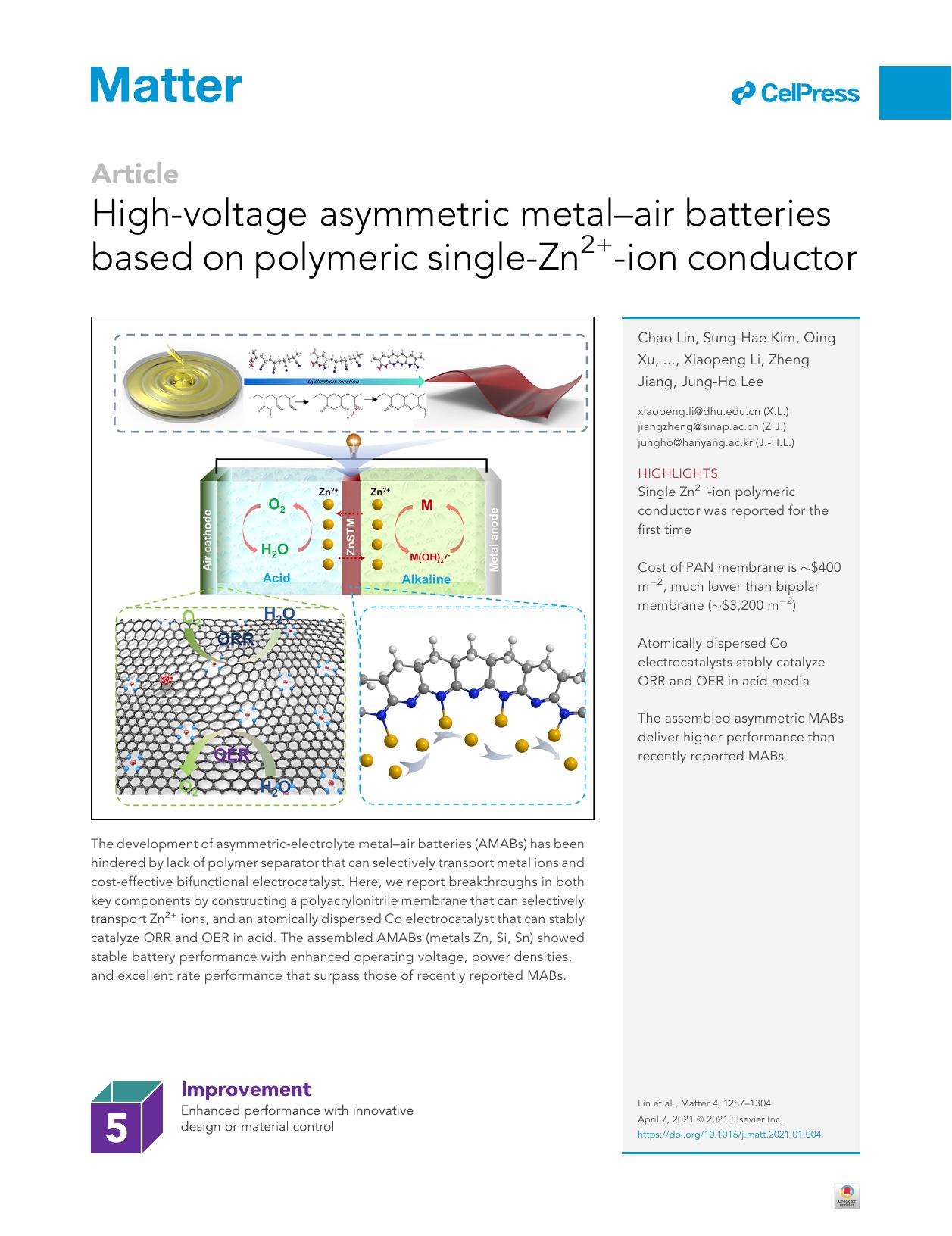 High-voltage asymmetric metal-air batteries based on polymeric single-Zn2&#x002B;-ion conductor by unknow