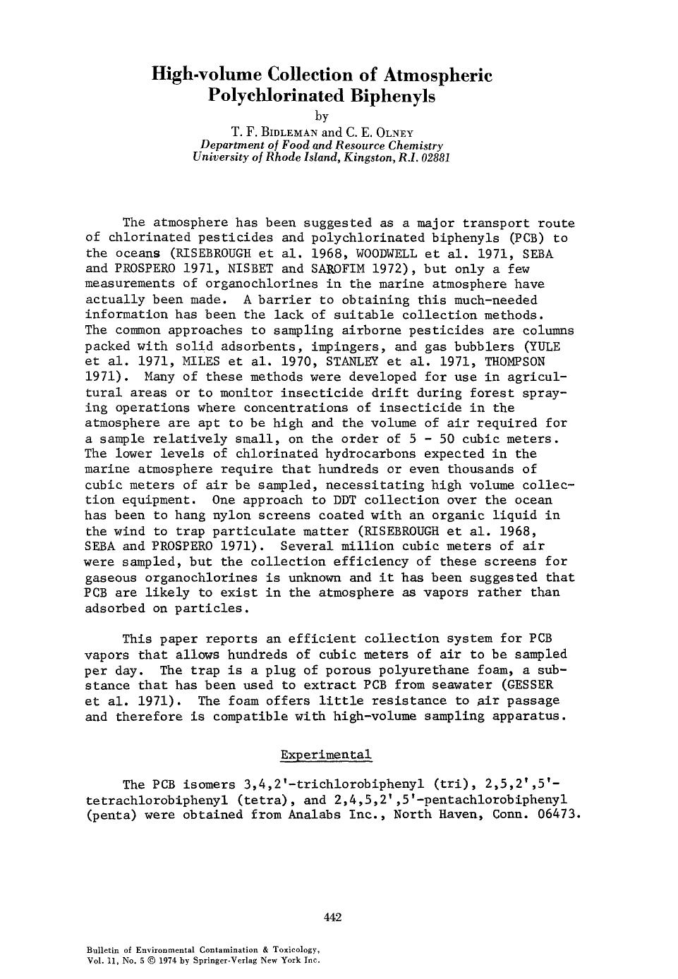 High-volume collection of atmospheric polychlorinated biphenyls by Unknown