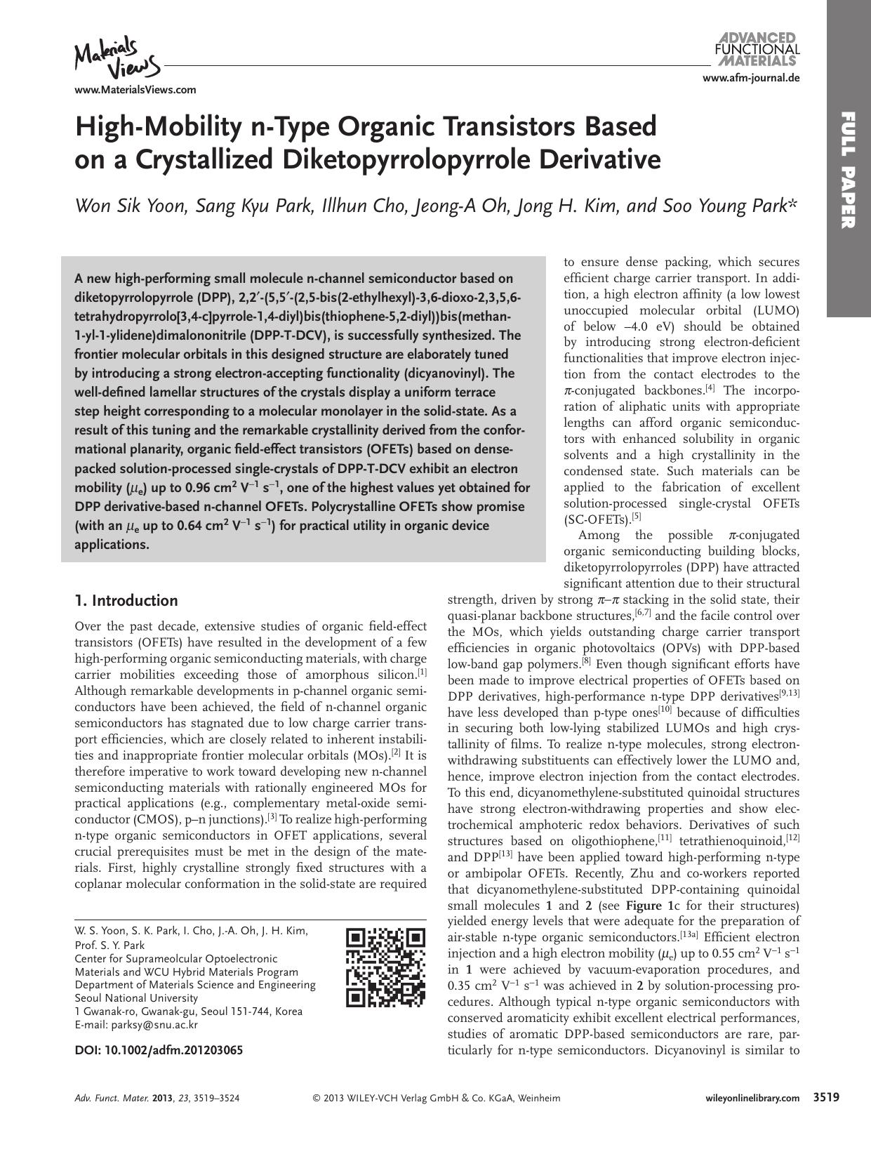 HighMobility nType Organic Transistors Based on a Crystallized Diketopyrrolopyrrole Derivative by wbpm