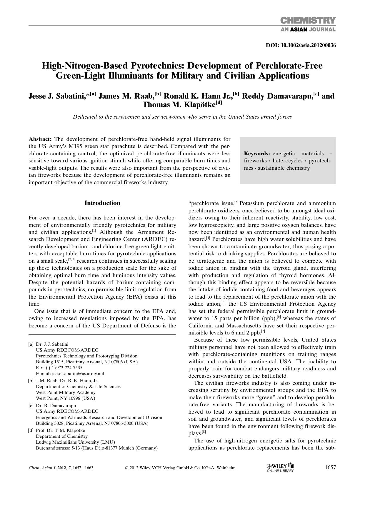 HighNitrogenBased Pyrotechnics: Development of PerchlorateFree GreenLight Illuminants for Military and Civilian Applications by Unknown