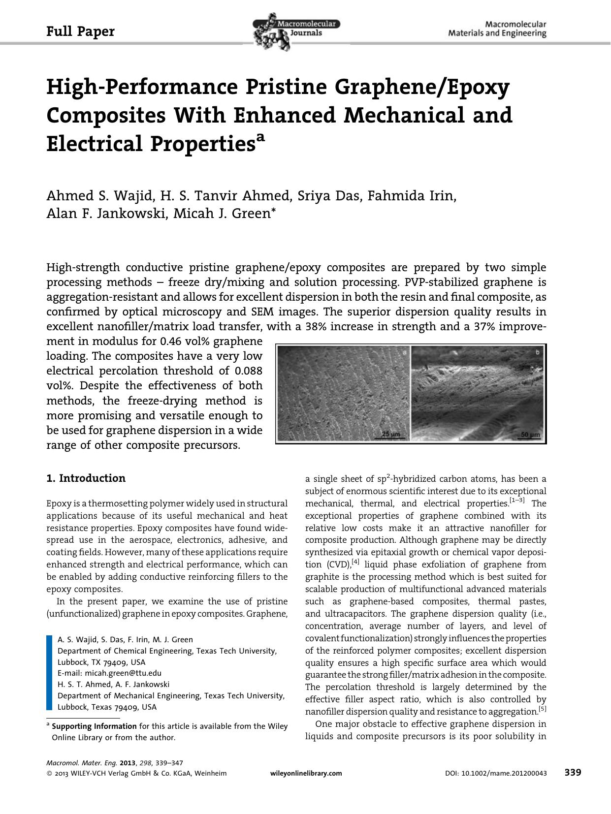 HighPerformance Pristine GrapheneEpoxy Composites With Enhanced Mechanical and Electrical Properties by Unknown