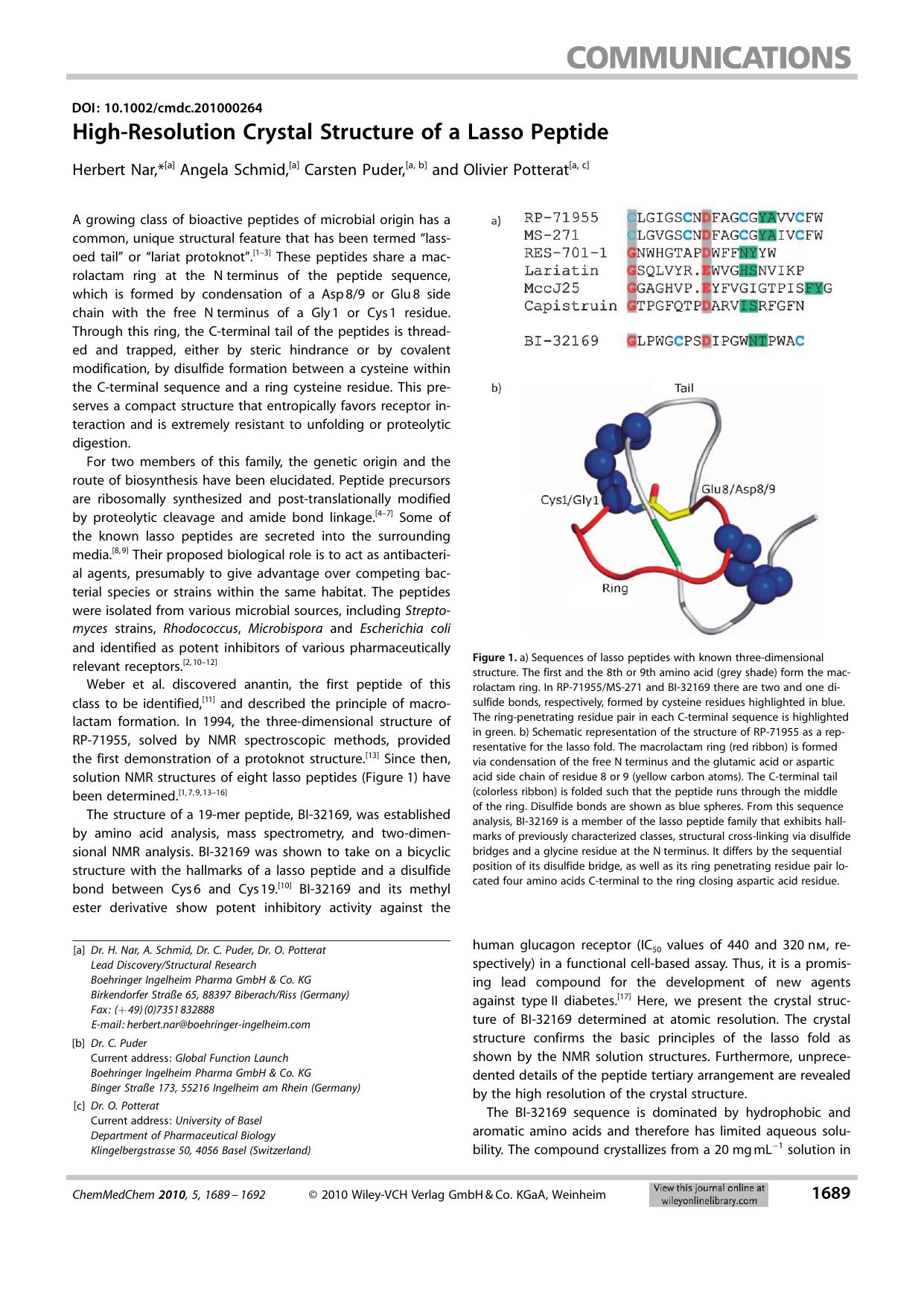 HighResolution Crystal Structure of a Lasso Peptide by Unknown