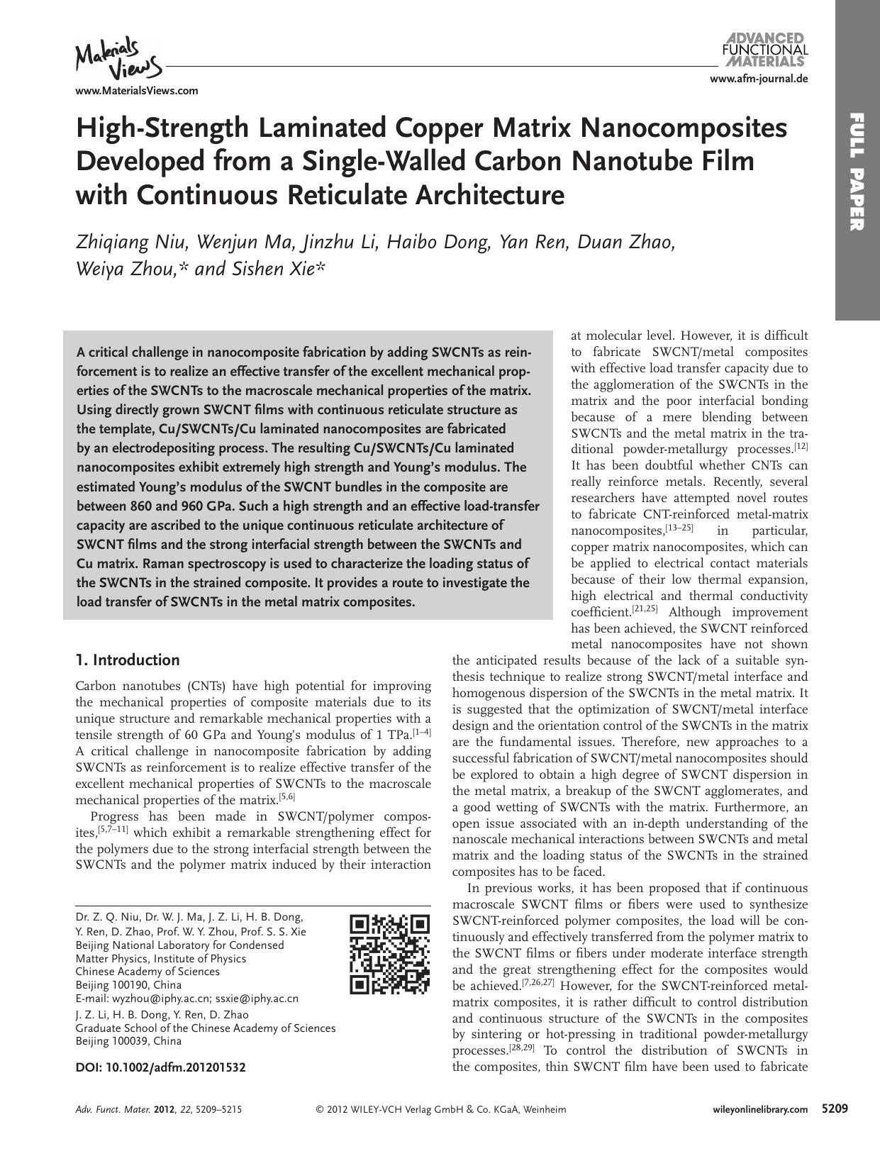 HighStrength Laminated Copper Matrix Nanocomposites Developed from a SingleWalled Carbon Nanotube Film with Continuous Reticulate Architecture by vng