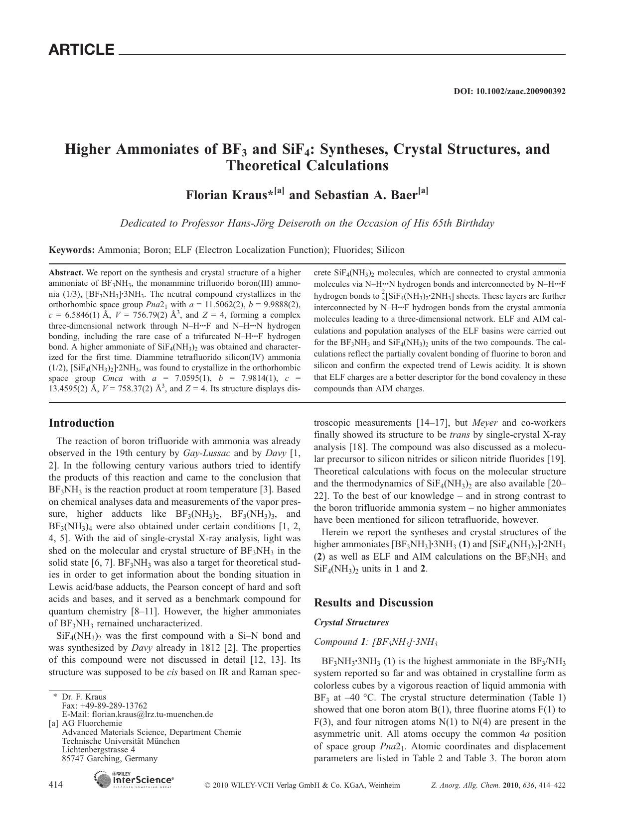 Higher Ammoniates of BF3 and SiF4: Syntheses, Crystal Structures, and Theoretical Calculationsâ¬ by Unknown