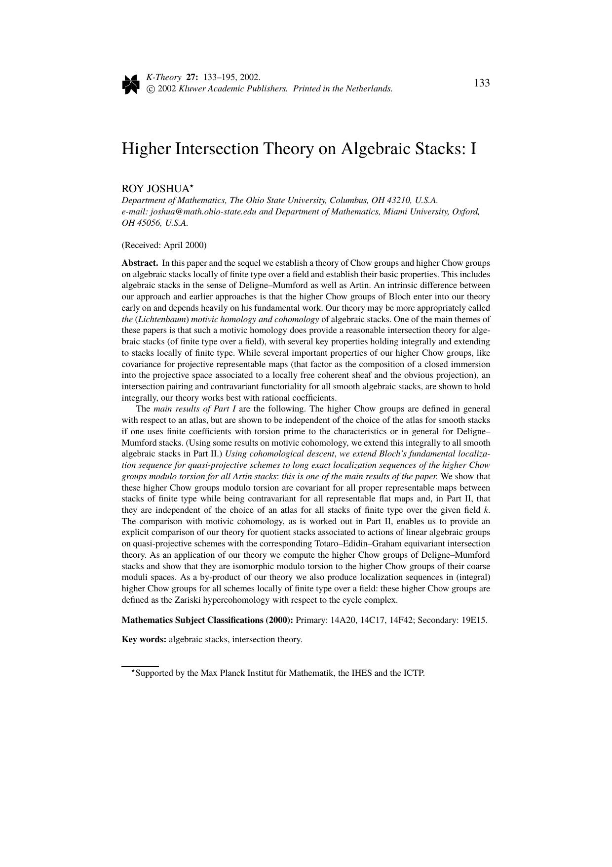 Higher Intersection Theory on Algebraic Stacks: I by Unknown