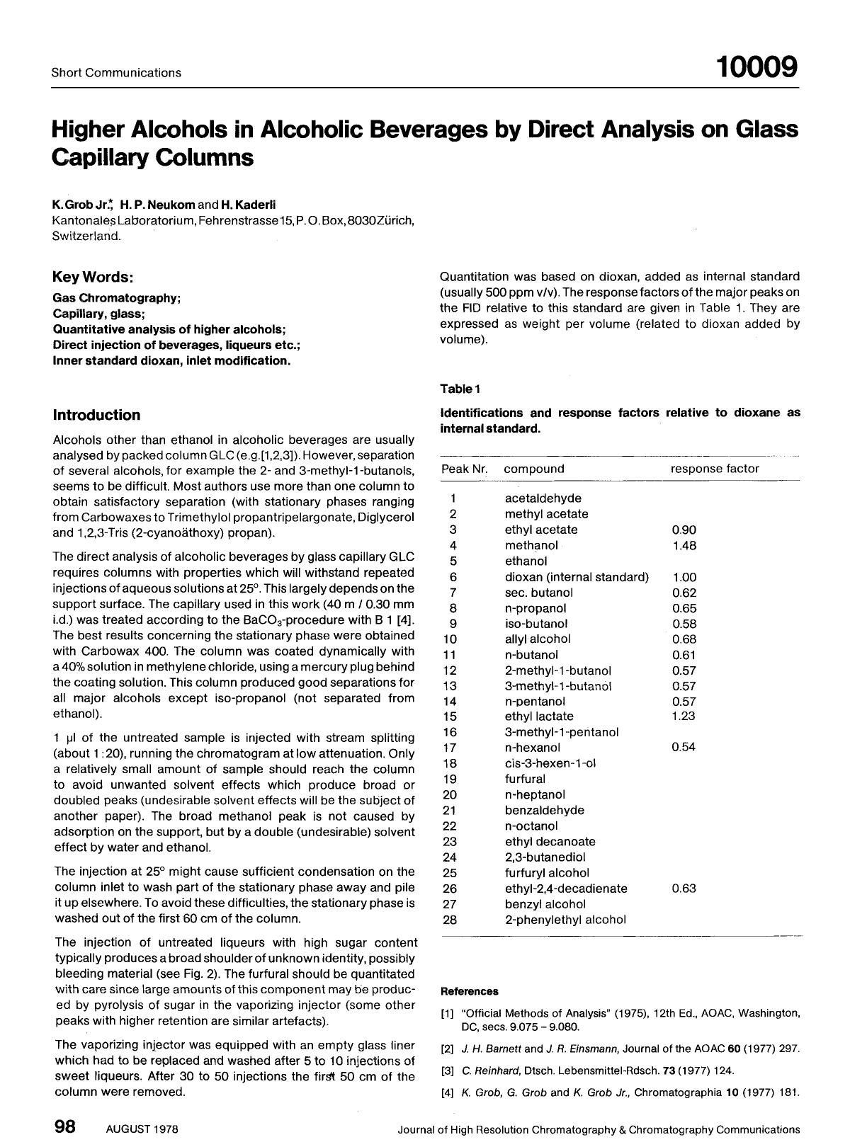 Higher alcohols in alcoholic beverages by direct analysis on glass capillary columns by Unknown
