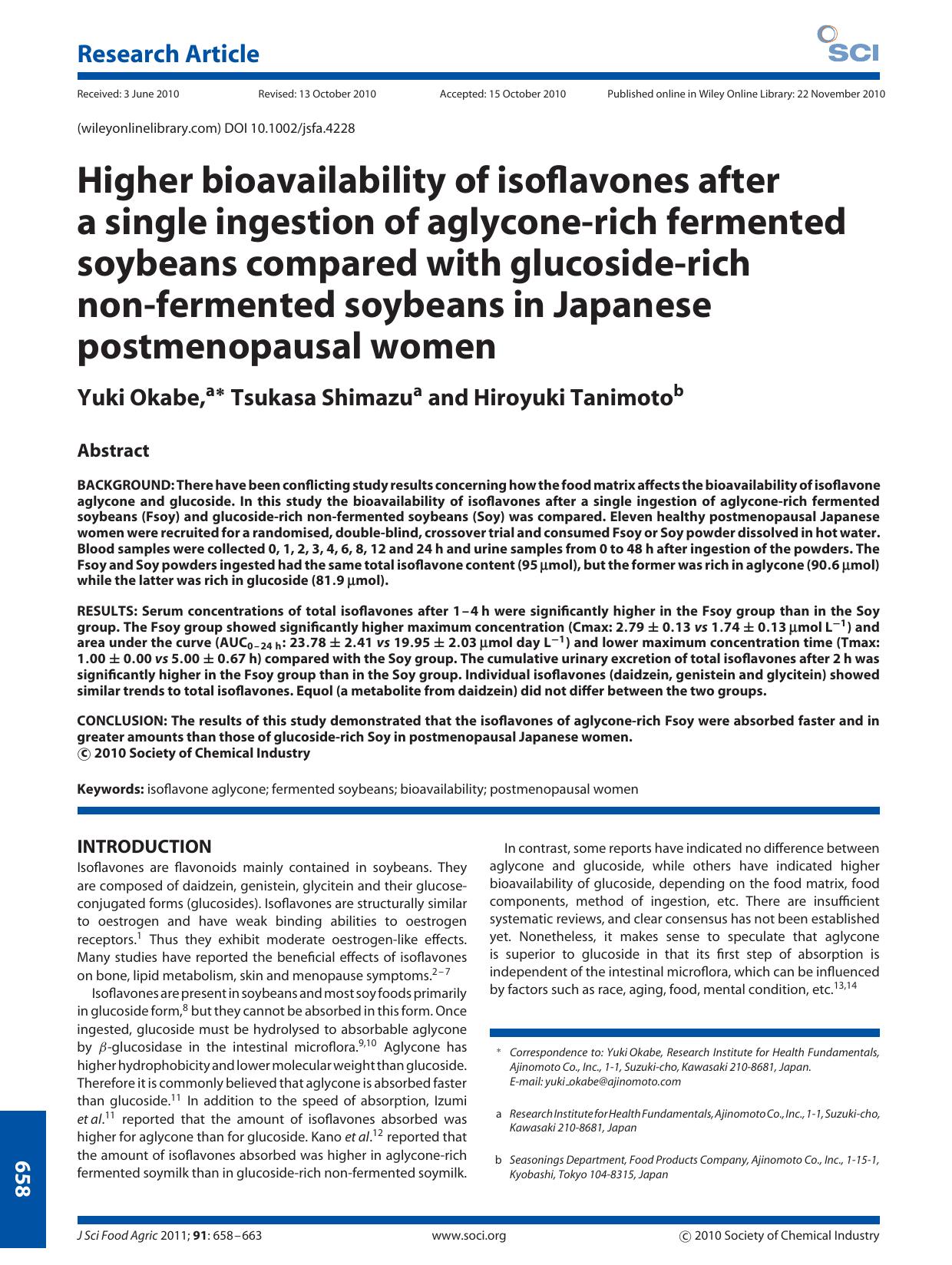 Higher bioavailability of isoflavones after a single ingestion of aglyconerich fermented soybeans compared with glucosiderich nonfermented soybeans in Japanese postmenopausal women by Unknown