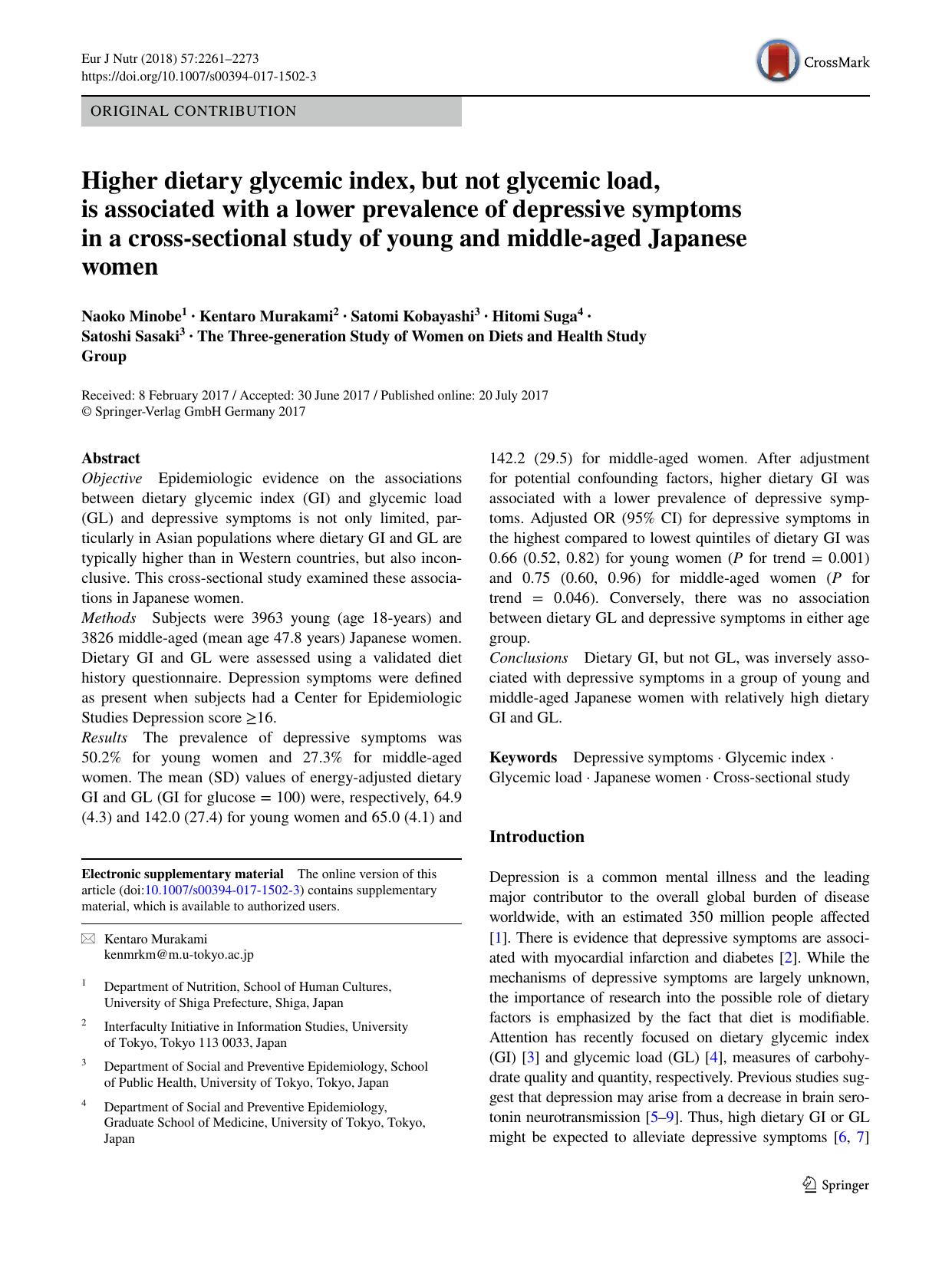 Higher dietary glycemic index, but not glycemic load, is associated with a lower prevalence of depressive symptoms in a cross-sectional study of young and middle-aged Japanese women by Naoko Minobe & Kentaro Murakami & Satomi Kobayashi & Hitomi Suga & Satoshi Sasaki