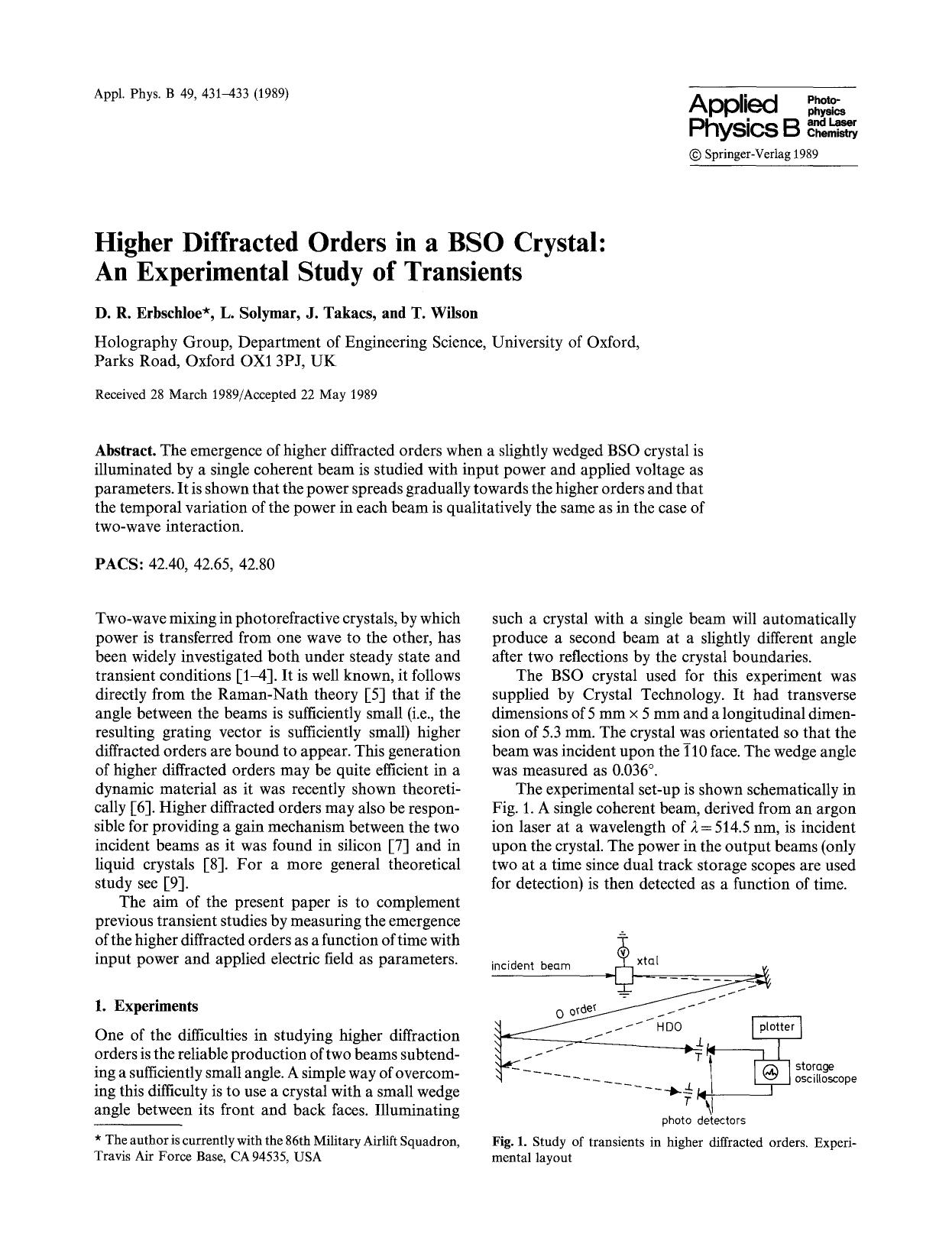Higher diffracted orders in a BSO crystal: An experimental study of transients by Unknown