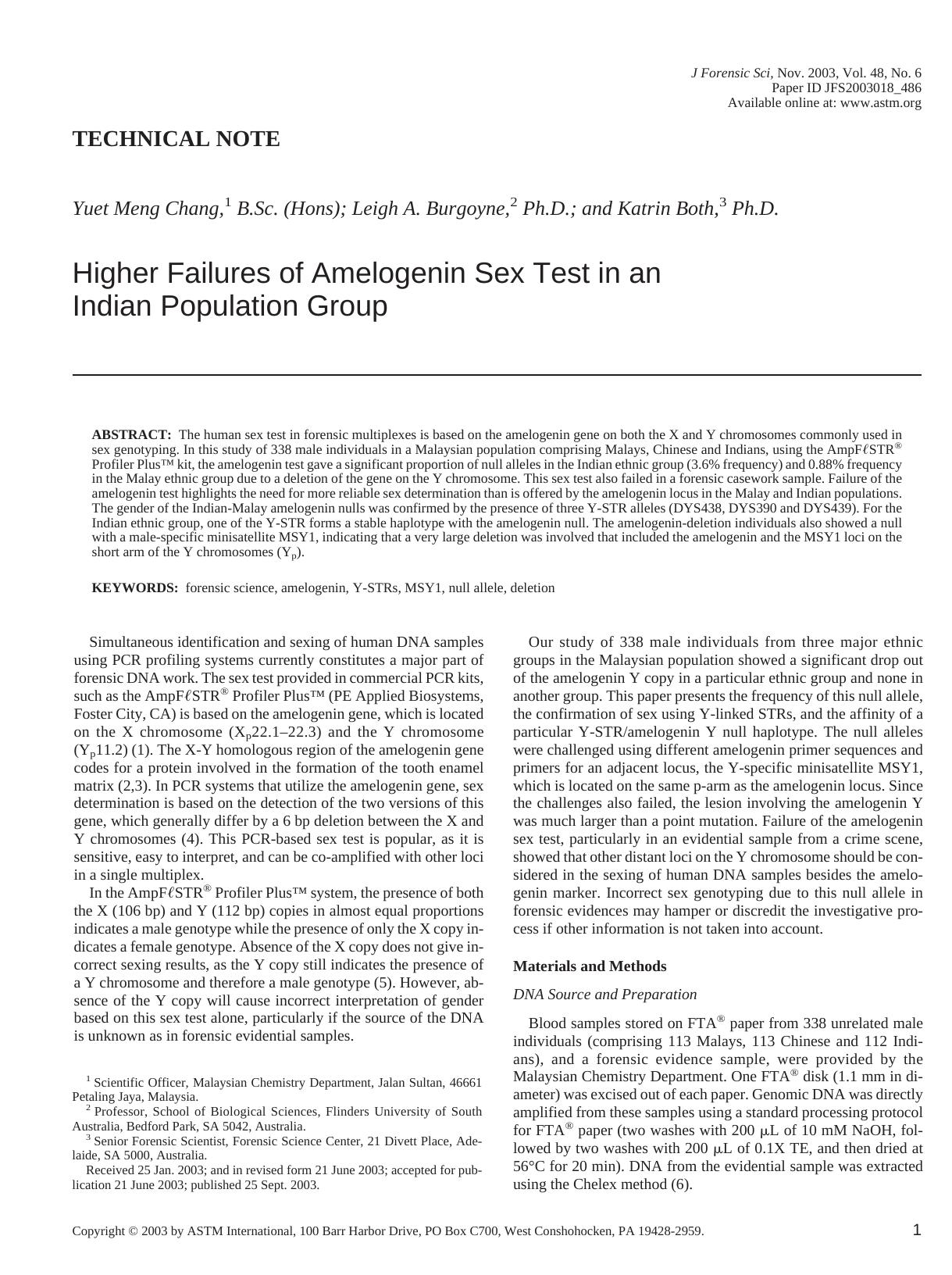Higher failures of amelogenin sex test in an Indian population group by Chang YM Burgoyne LA Both K